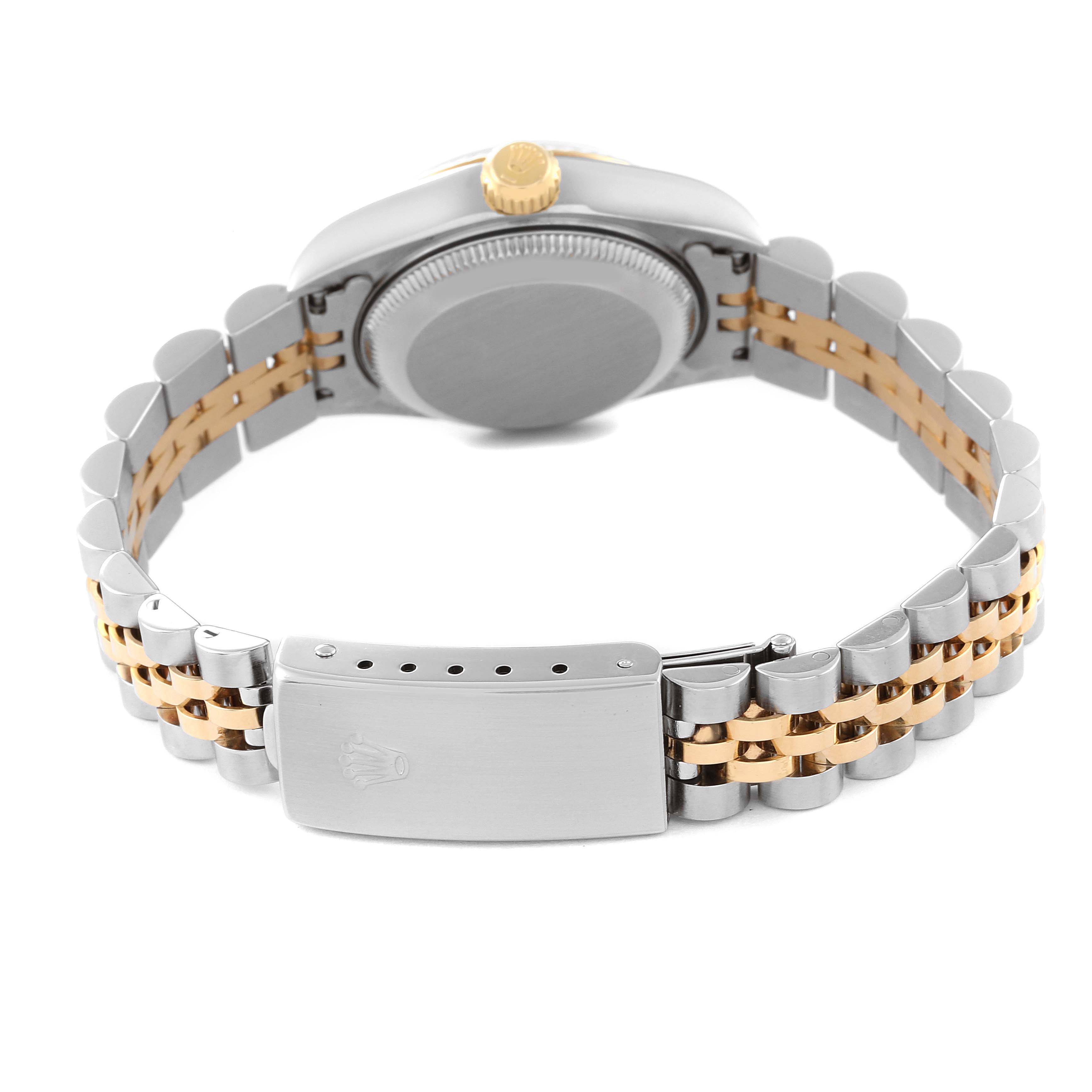The image shows the back view of a Rolex Datejust 79173 Women's Steel and Gold (two tone) Champagne Dial 79173 Women's Steel and Gold (two tone) Champagne Dial watch, highlighting the case back, crown, and two-tone bracelet and clasp.