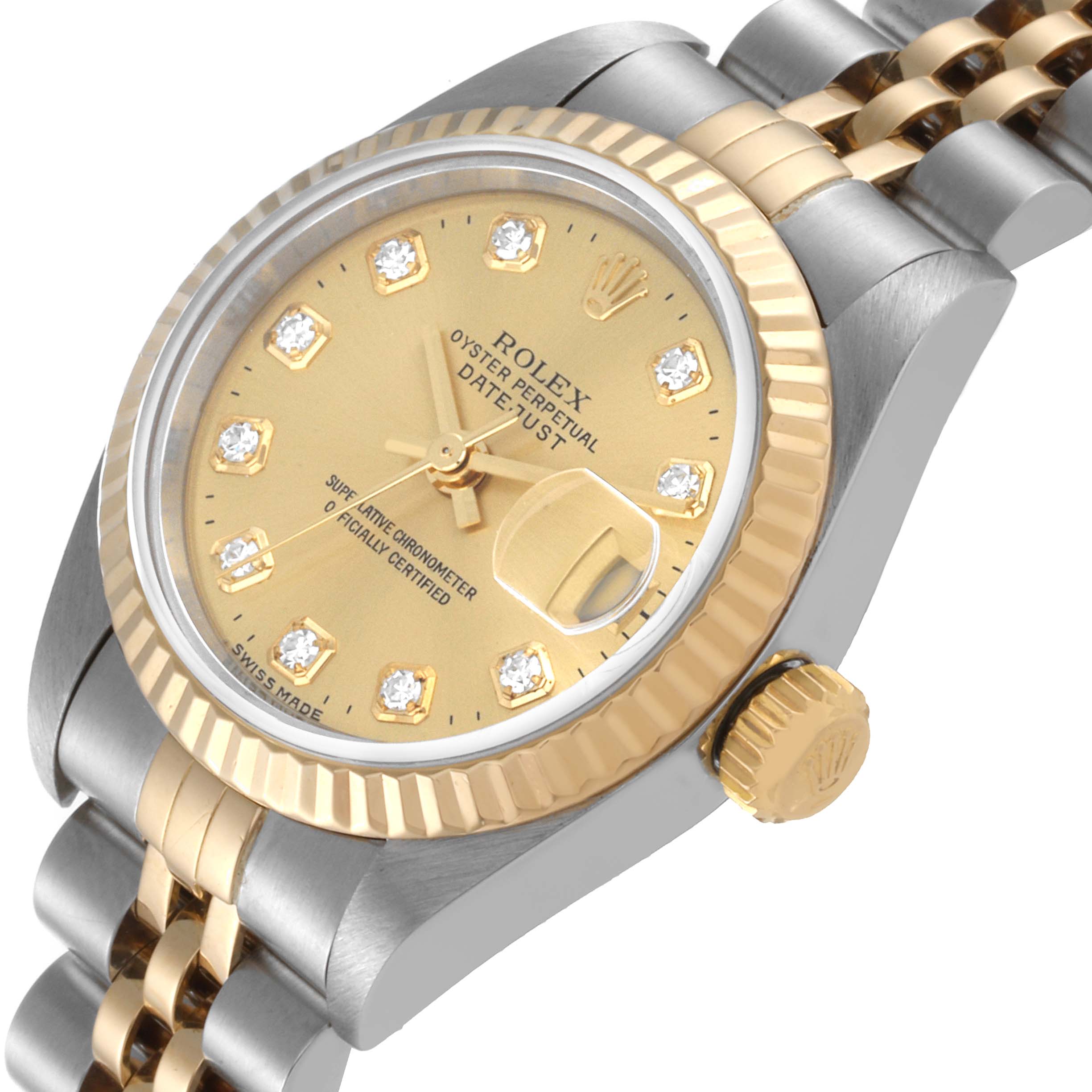 This image shows the face, bezel, and part of the band of a Rolex Datejust 79173 Women's Steel and Gold (two tone) Champagne Dial 79173 Women's Steel and Gold (two tone) Champagne Dial watch at an oblique angle.