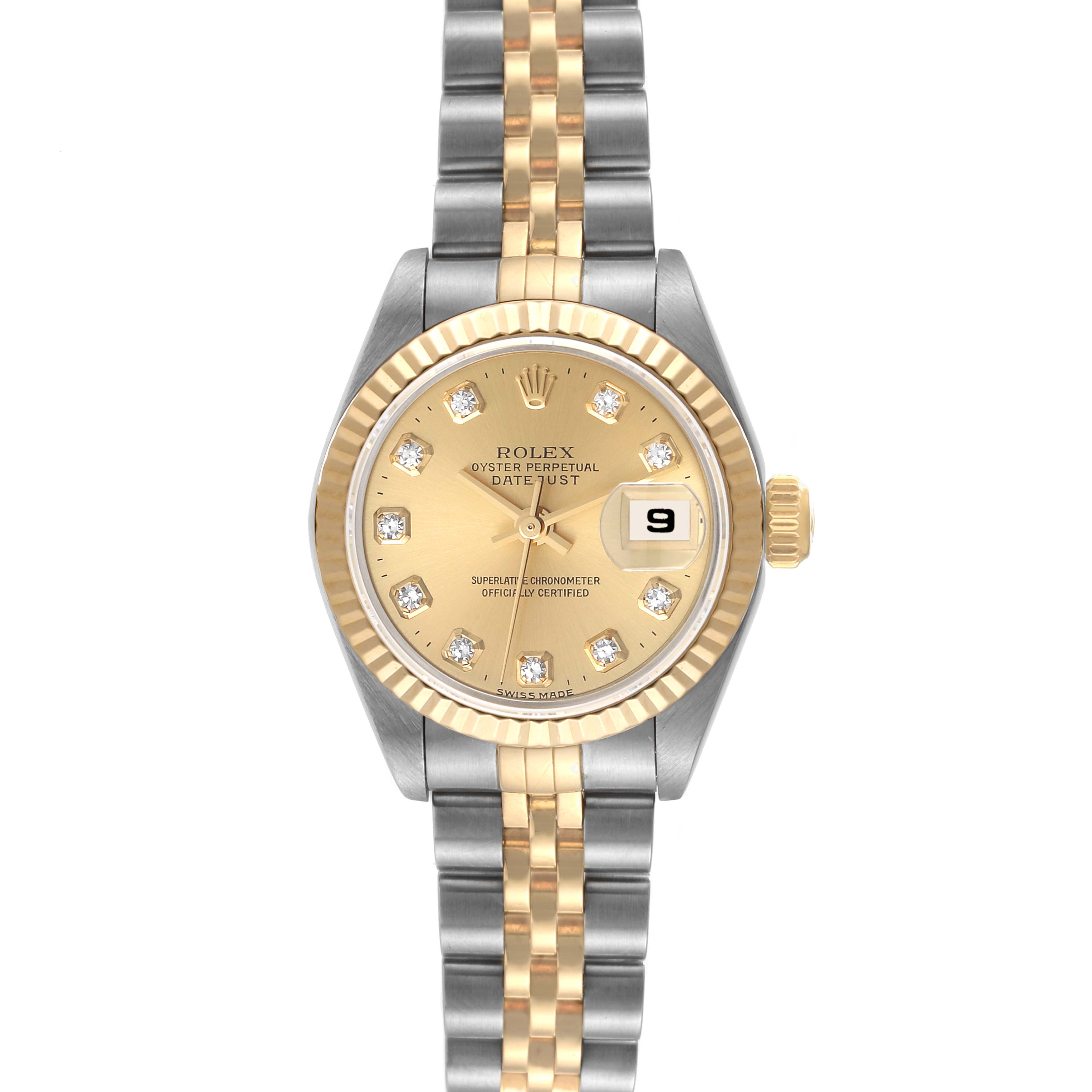 The image shows a front view of a Rolex Datejust 79173 Women's Steel and Gold (two tone) Champagne Dial 79173 Women's Steel and Gold (two tone) Champagne Dial watch, featuring a gold bezel, a gold dial with diamond hour markers, and a two-tone bracelet.