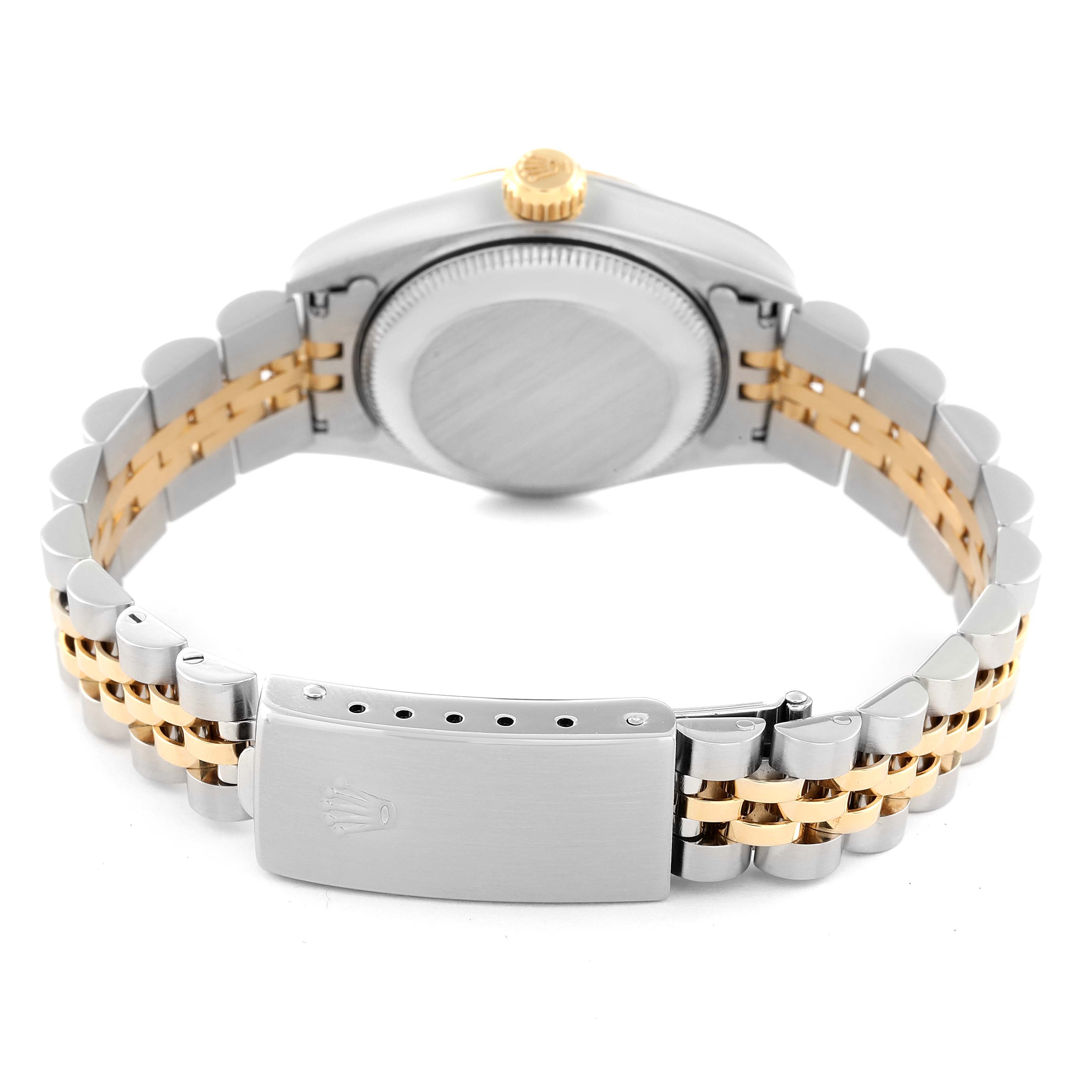 The image shows the back case and bracelet clasp of a Rolex Datejust 69173 Women's Steel and Gold (two tone) Mother of Pearl Dial 69173 Women's Steel and Gold (two tone) Mother of Pearl Dial watch in a two-tone design.