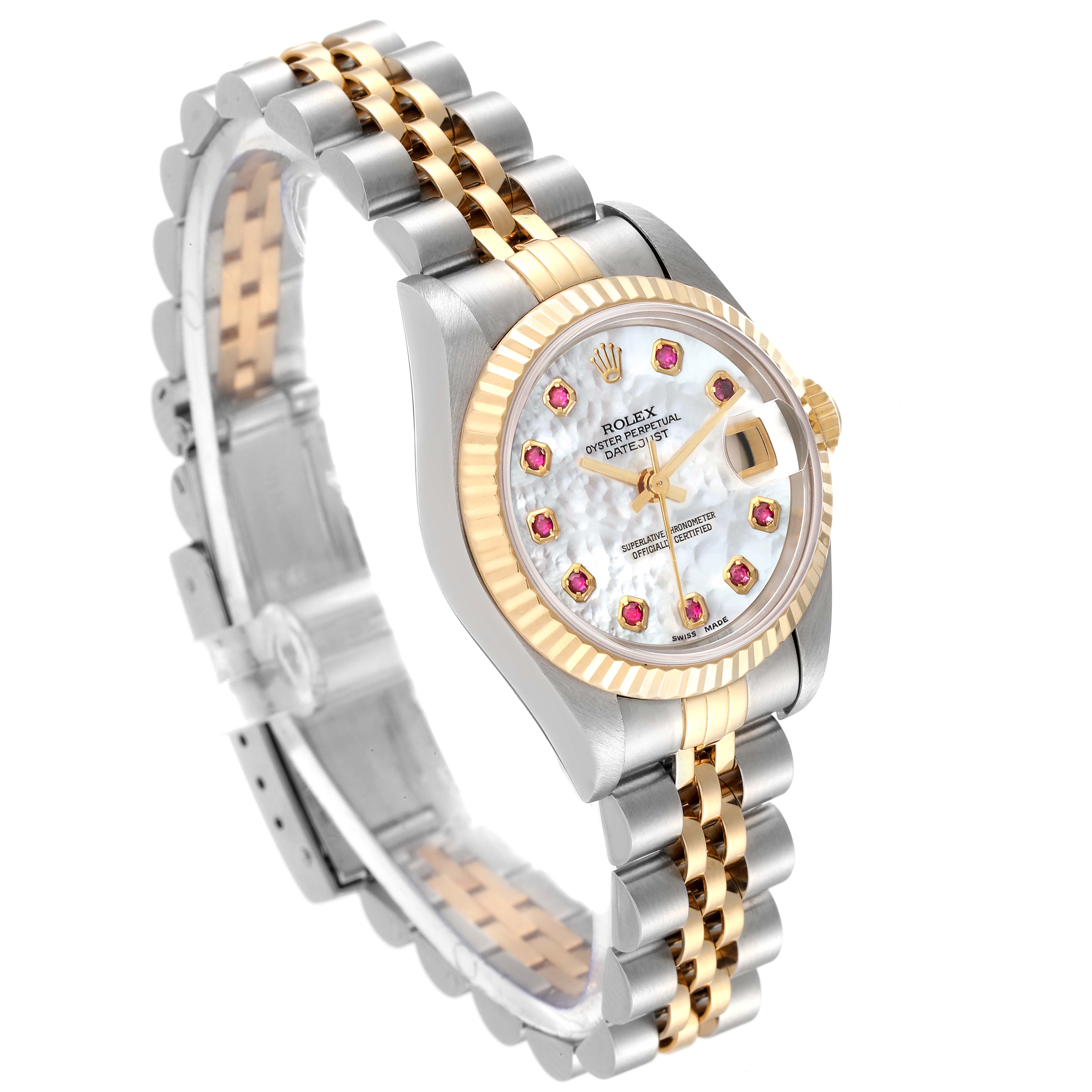 The Rolex Datejust 69173 Women's Steel and Gold (two tone) Mother of Pearl Dial 69173 Women's Steel and Gold (two tone) Mother of Pearl Dial watch is shown at an angle highlighting the face, bezel, and bracelet with a mix of silver and gold tones.