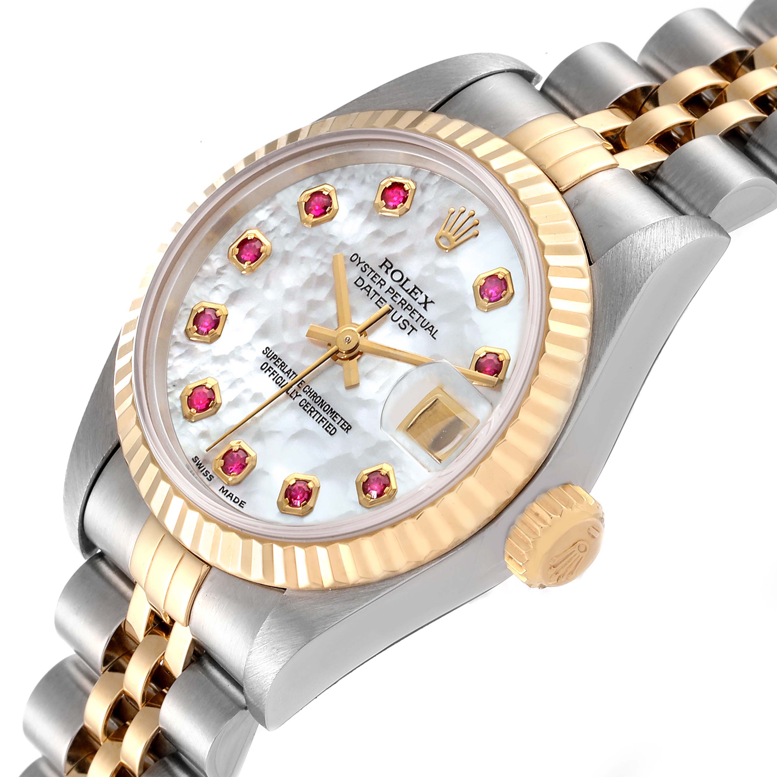The Rolex Datejust 69173 Women's Steel and Gold (two tone) Mother of Pearl Dial 69173 Women's Steel and Gold (two tone) Mother of Pearl Dial watch is shown at a slight angle, highlighting the dial, fluted bezel, crown, and two-tone bracelet.