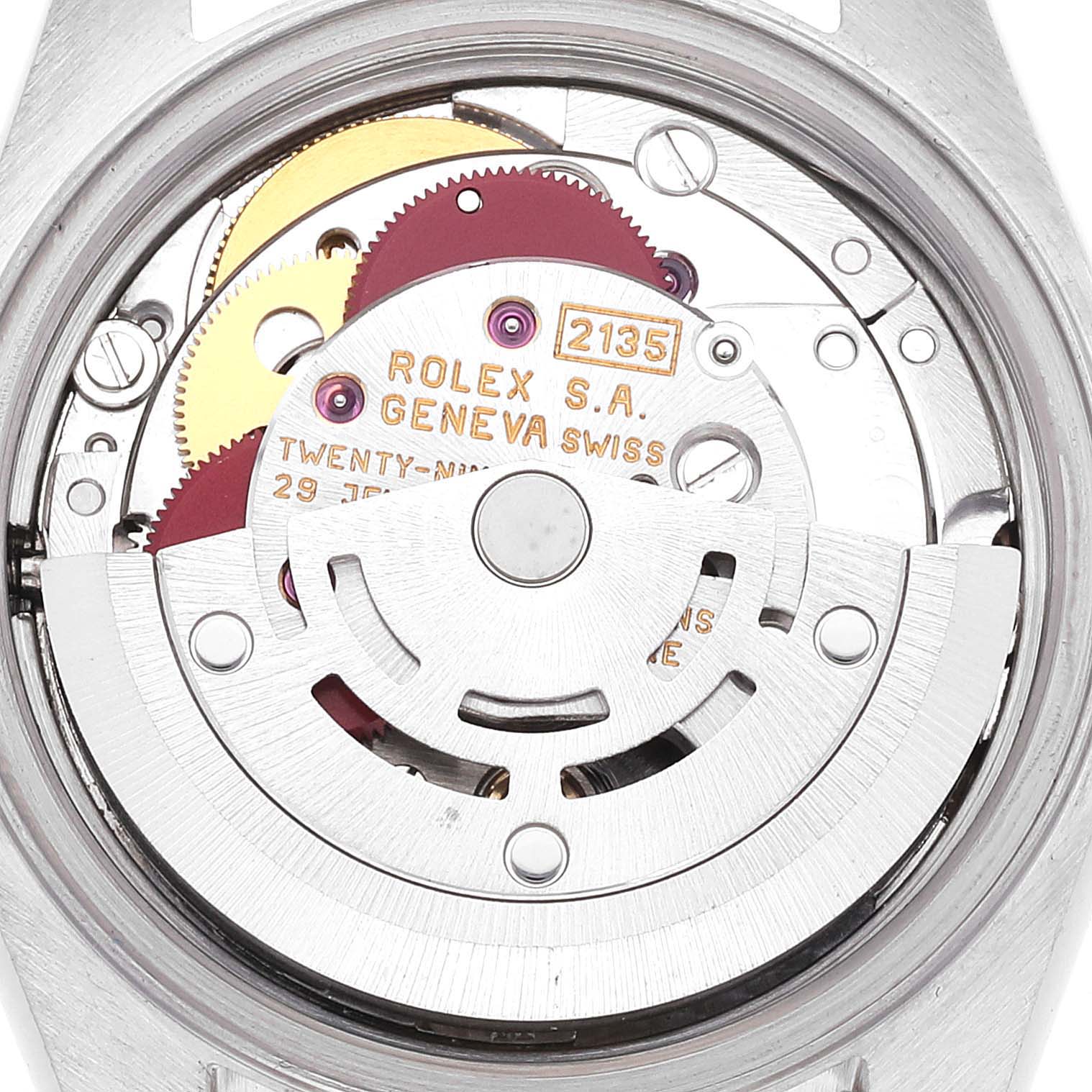 This is a close-up shot of the movement and internal mechanism of a Rolex Datejust 69173 Women's Steel and Gold (two tone) Mother of Pearl Dial 69173 Women's Steel and Gold (two tone) Mother of Pearl Dial watch.