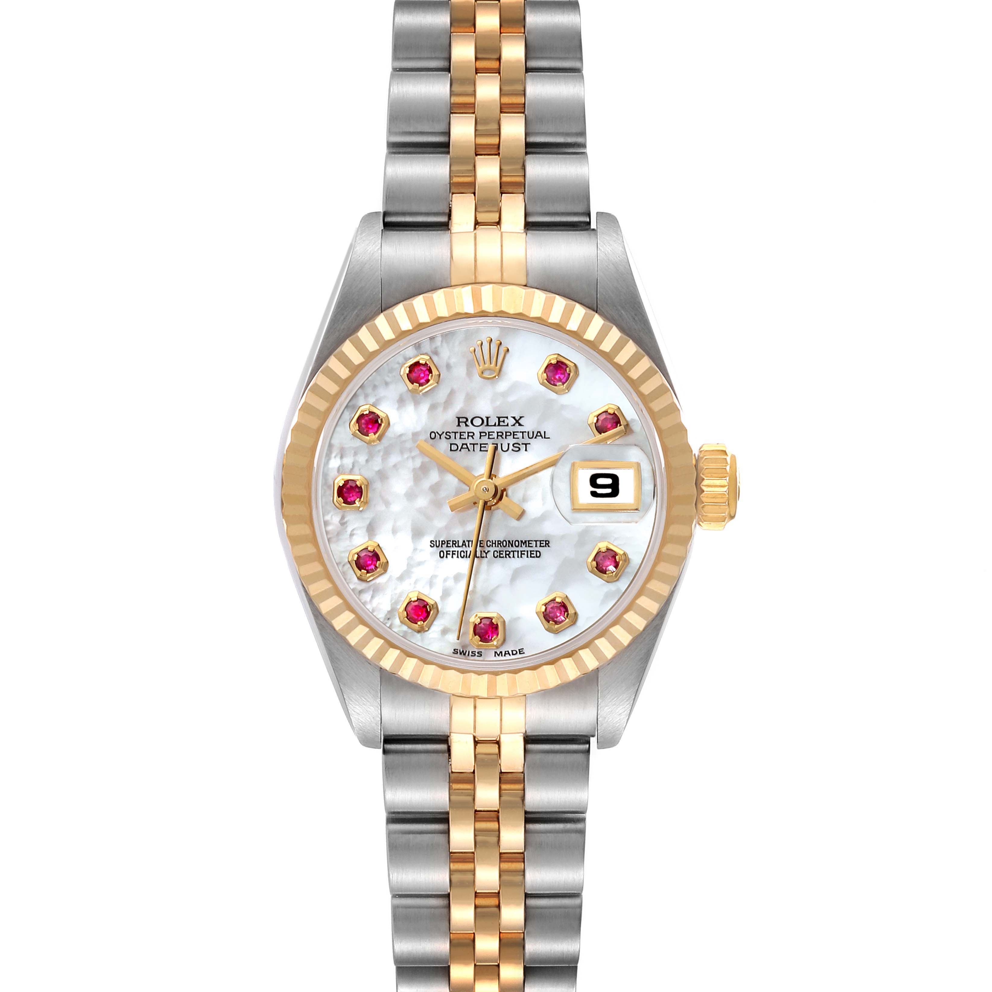 The image shows a front view of a Rolex Datejust 69173 Women's Steel and Gold (two tone) Mother of Pearl Dial 69173 Women's Steel and Gold (two tone) Mother of Pearl Dial watch with a two-tone metal band, fluted bezel, and date display window at 3 o'clock.