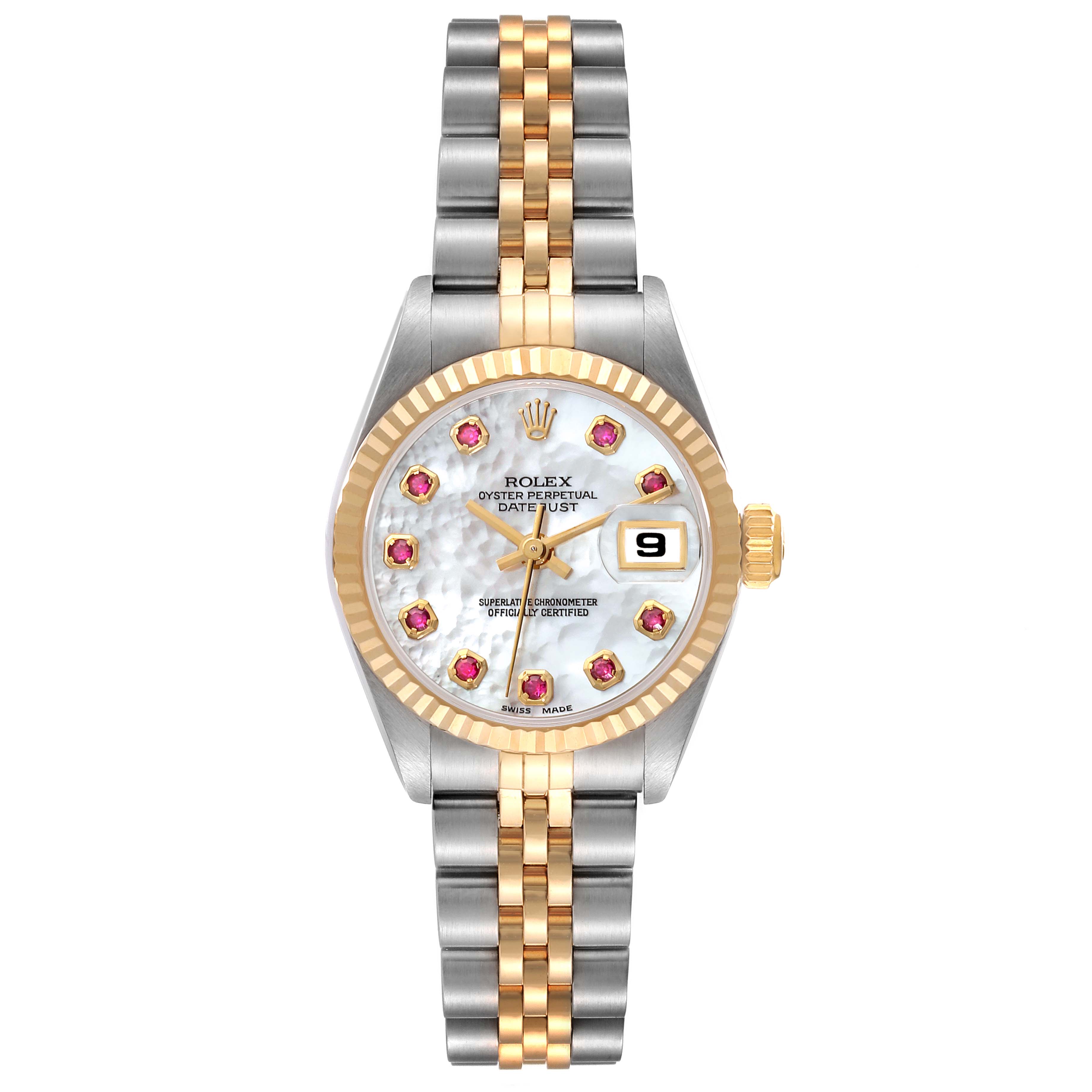 The image shows a front view of a Rolex Datejust 69173 Women's Steel and Gold (two tone) Mother of Pearl Dial 69173 Women's Steel and Gold (two tone) Mother of Pearl Dial watch displaying the dial, bezel, bracelet, and date window.