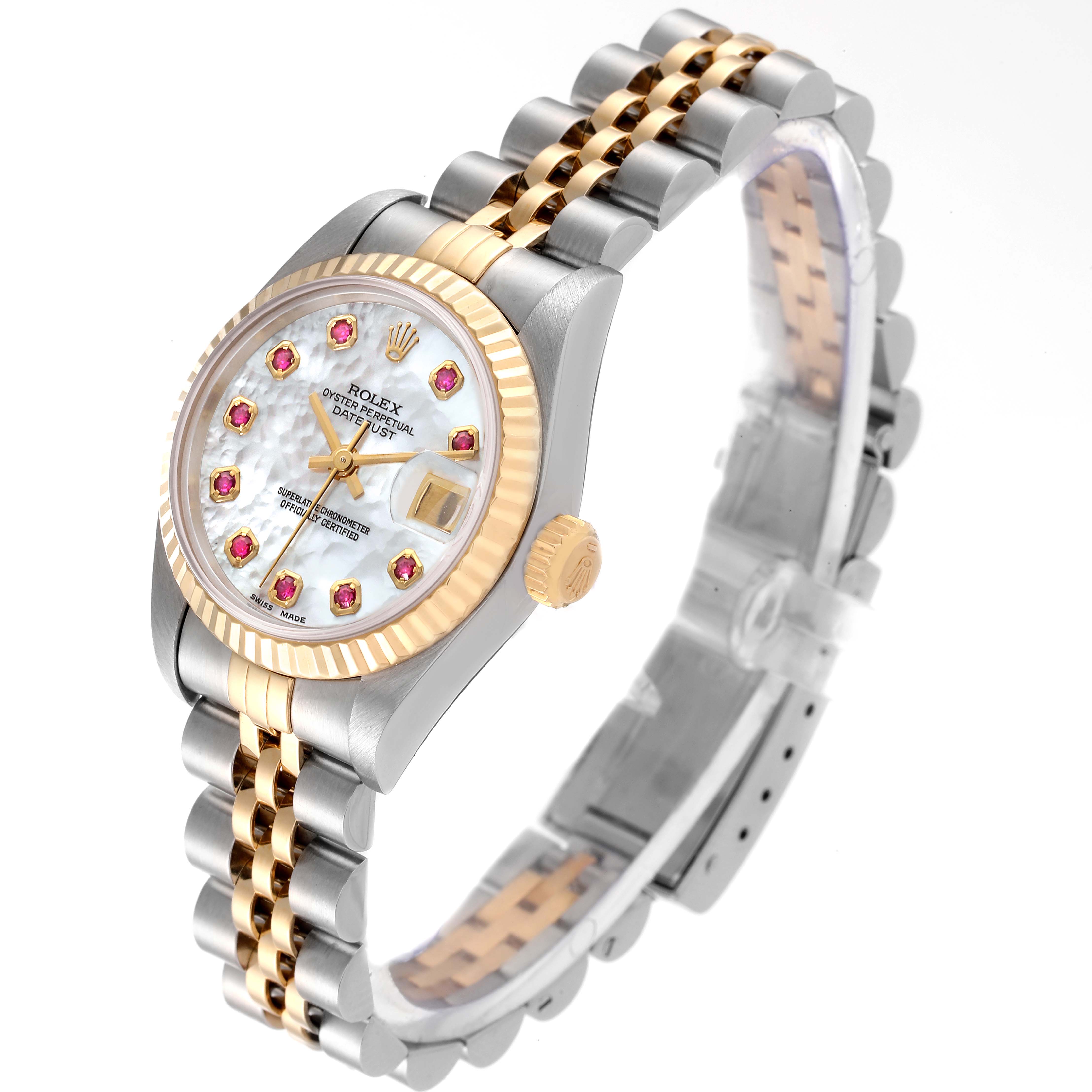 The image shows a side view of a Rolex Datejust 69173 Women's Steel and Gold (two tone) Mother of Pearl Dial 69173 Women's Steel and Gold (two tone) Mother of Pearl Dial watch, highlighting the dial, bezel, case, crown, and bracelet.
