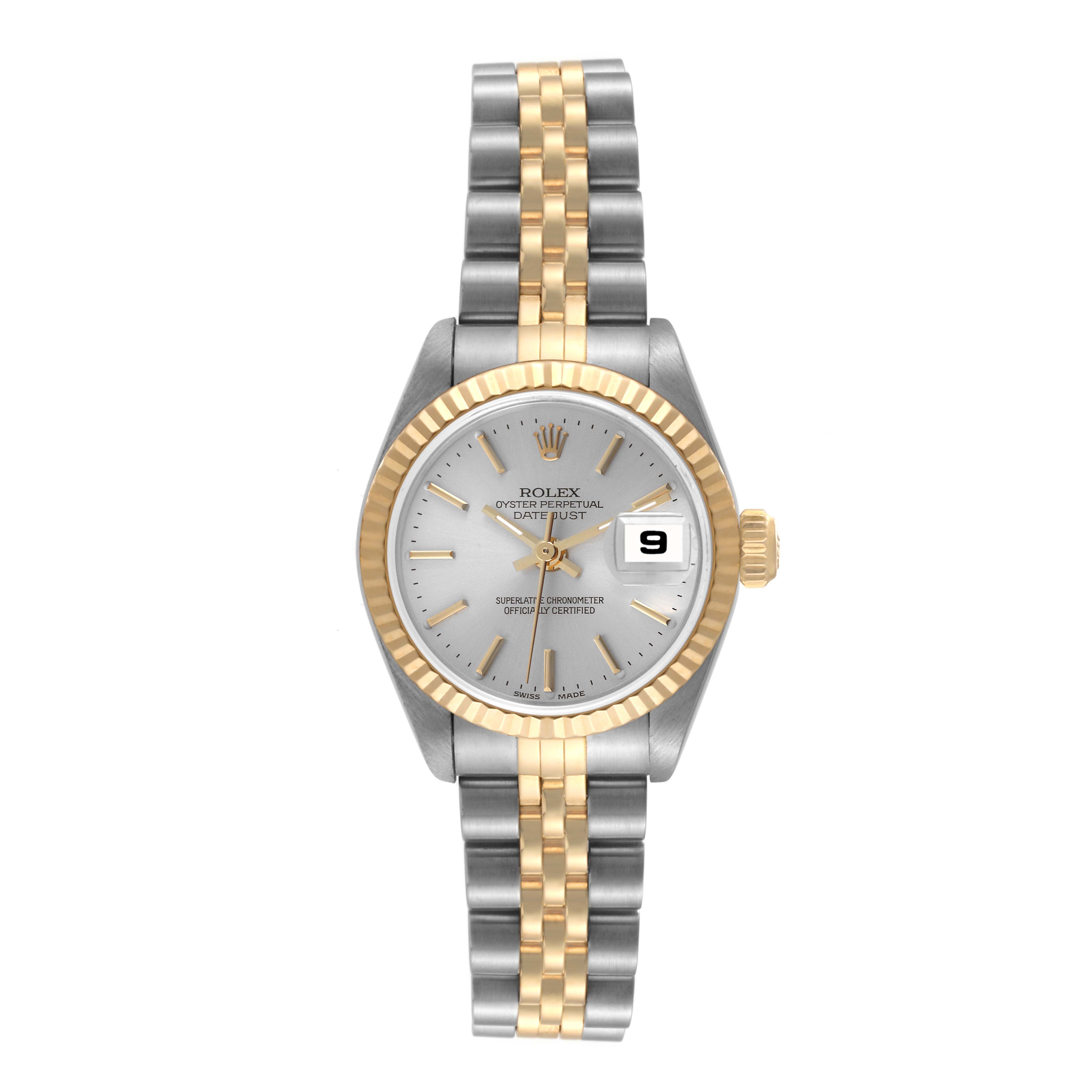 The Rolex Datejust 79173 Women's Steel and Gold (two tone) Silver Dial 79173 Women's Steel and Gold (two tone) Silver Dial watch is shown from a top-down angle, displaying its two-tone bracelet, fluted bezel, and date window.