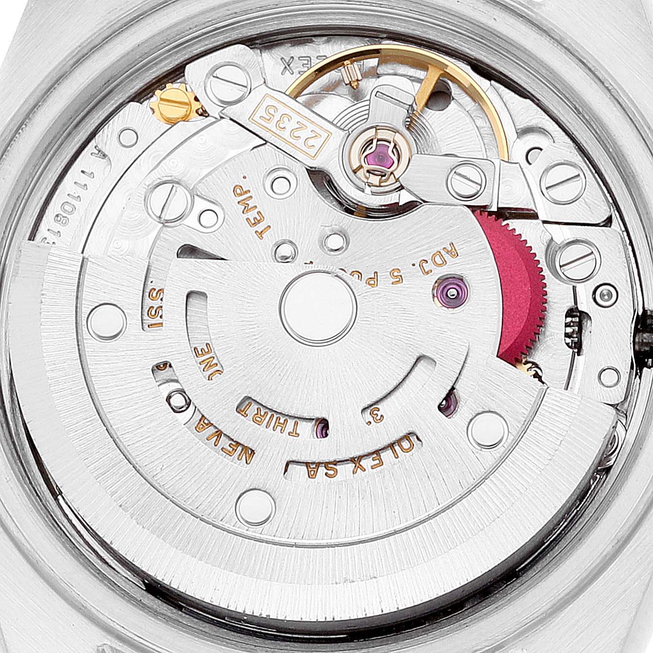 This image shows a close-up of the movement mechanism of a Rolex Datejust 79173 Women's Steel and Gold (two tone) Silver Dial 79173 Women's Steel and Gold (two tone) Silver Dial watch.