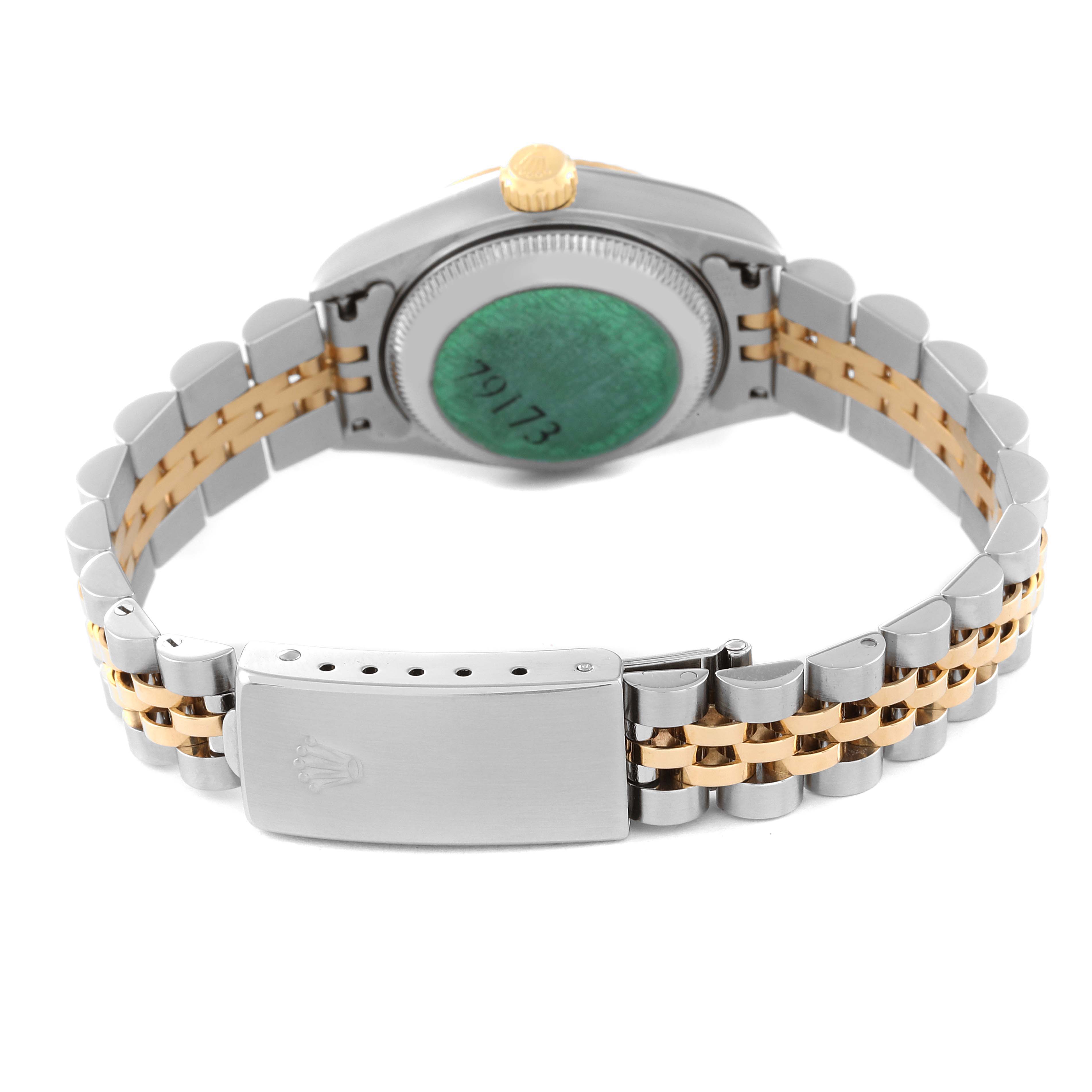 The image shows the back, clasp, and part of the bracelet of a Rolex Datejust 79173 Women's Steel and Gold (two tone) Silver Dial 79173 Women's Steel and Gold (two tone) Silver Dial watch.