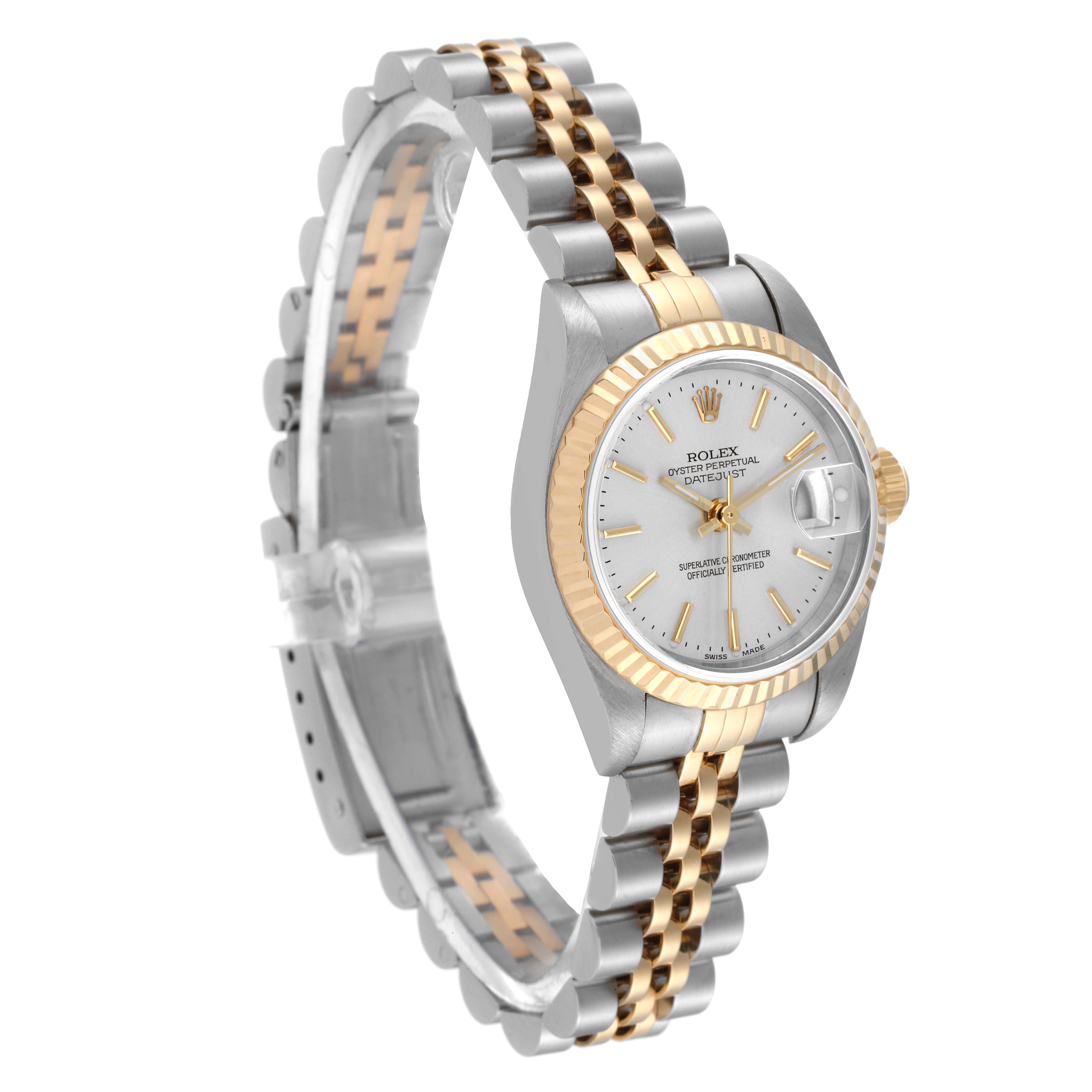 The Rolex Datejust 79173 Women's Steel and Gold (two tone) Silver Dial 79173 Women's Steel and Gold (two tone) Silver Dial watch is shown at a slight angle, displaying its two-tone bracelet, fluted bezel, and the face.