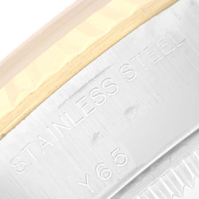 The image shows a close-up of the side engraving on a Rolex Datejust 79173 Women's Steel and Gold (two tone) Silver Dial 79173 Women's Steel and Gold (two tone) Silver Dial model, displaying "STAINLESS STEEL."