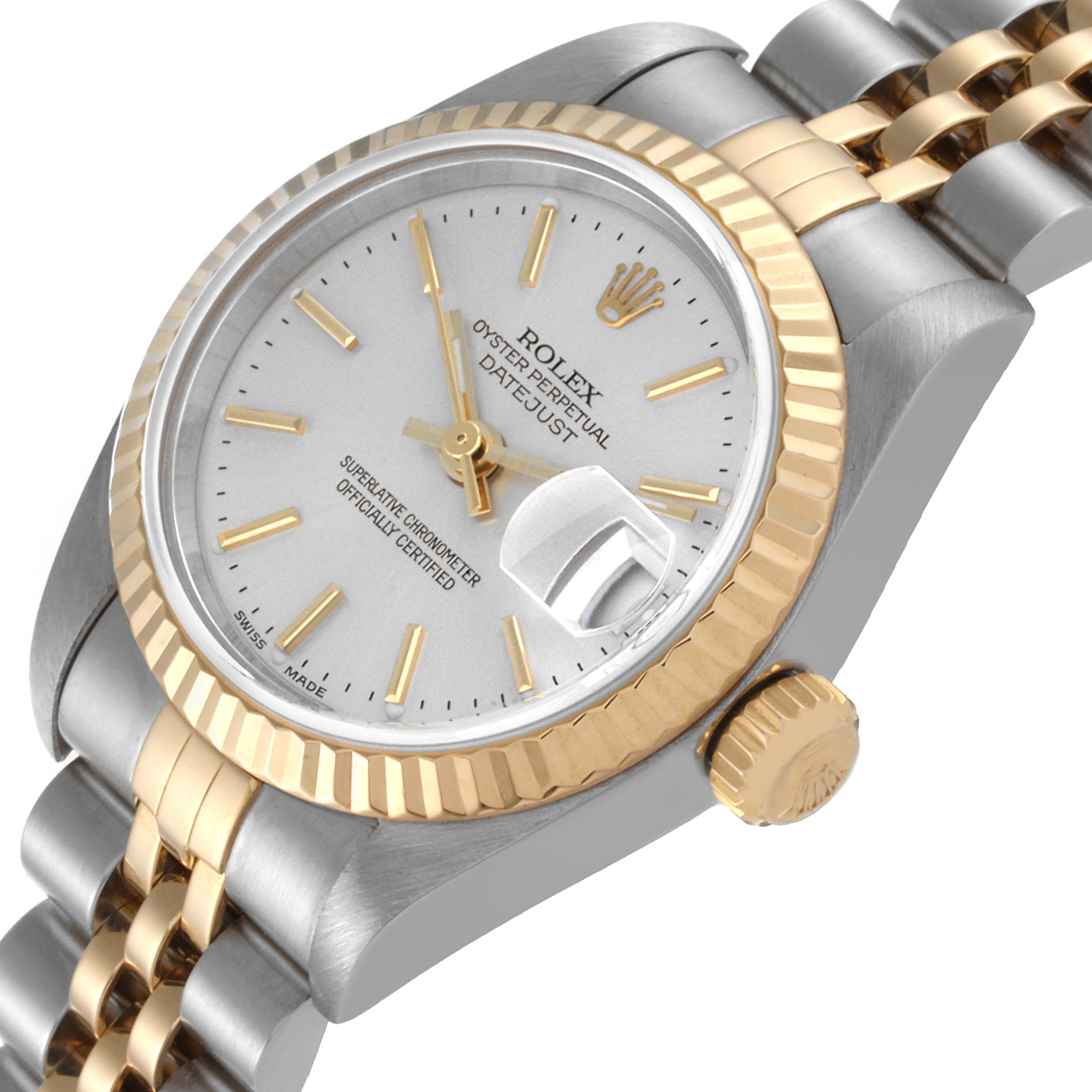 The image shows a close-up angled view of a Rolex Datejust 79173 Women's Steel and Gold (two tone) Silver Dial 79173 Women's Steel and Gold (two tone) Silver Dial watch, highlighting the dial, bezel, crown, and part of the bracelet.