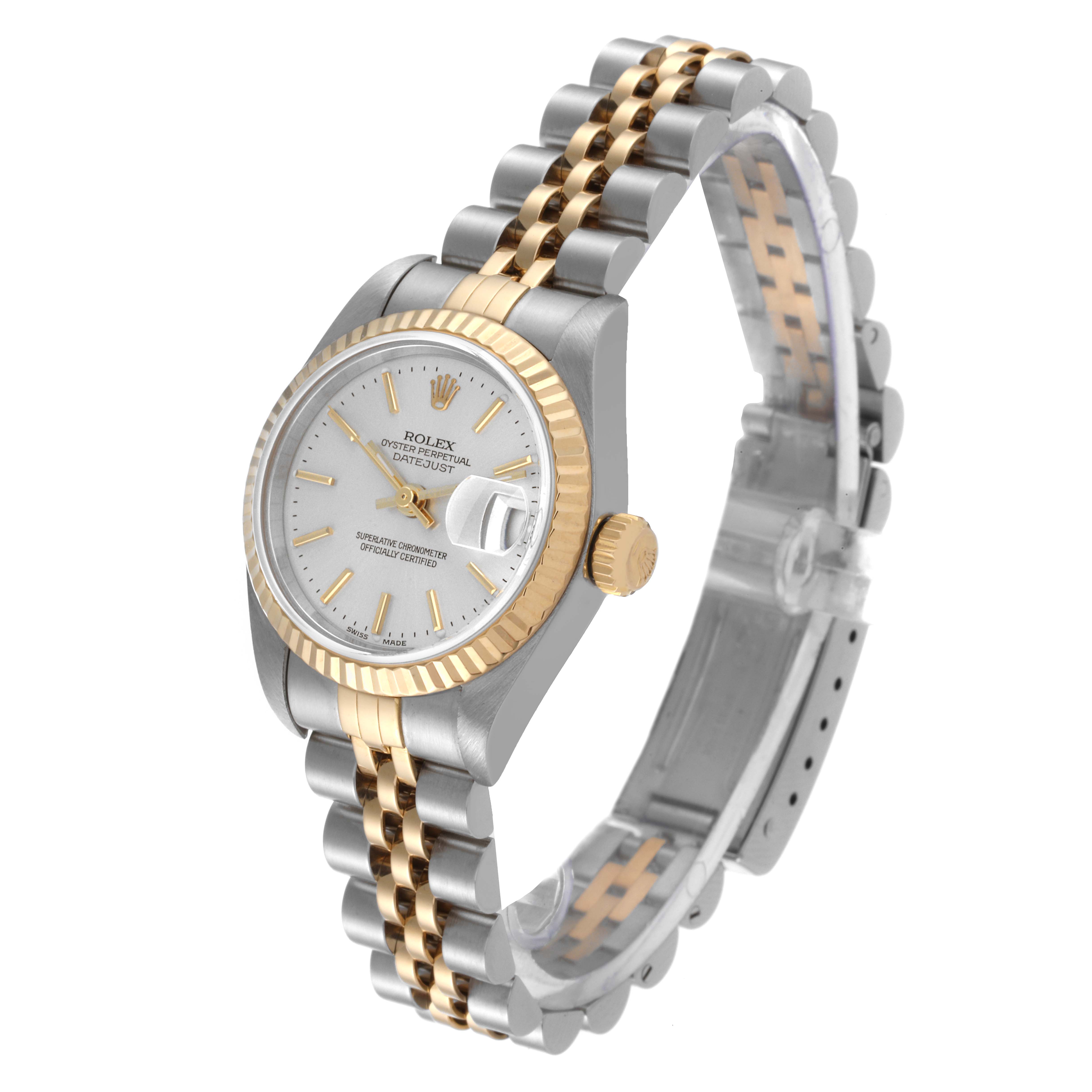 The image shows a side-angle view of the Rolex Datejust 79173 Women's Steel and Gold (two tone) Silver Dial 79173 Women's Steel and Gold (two tone) Silver Dial watch, highlighting its two-tone bracelet and fluted bezel.
