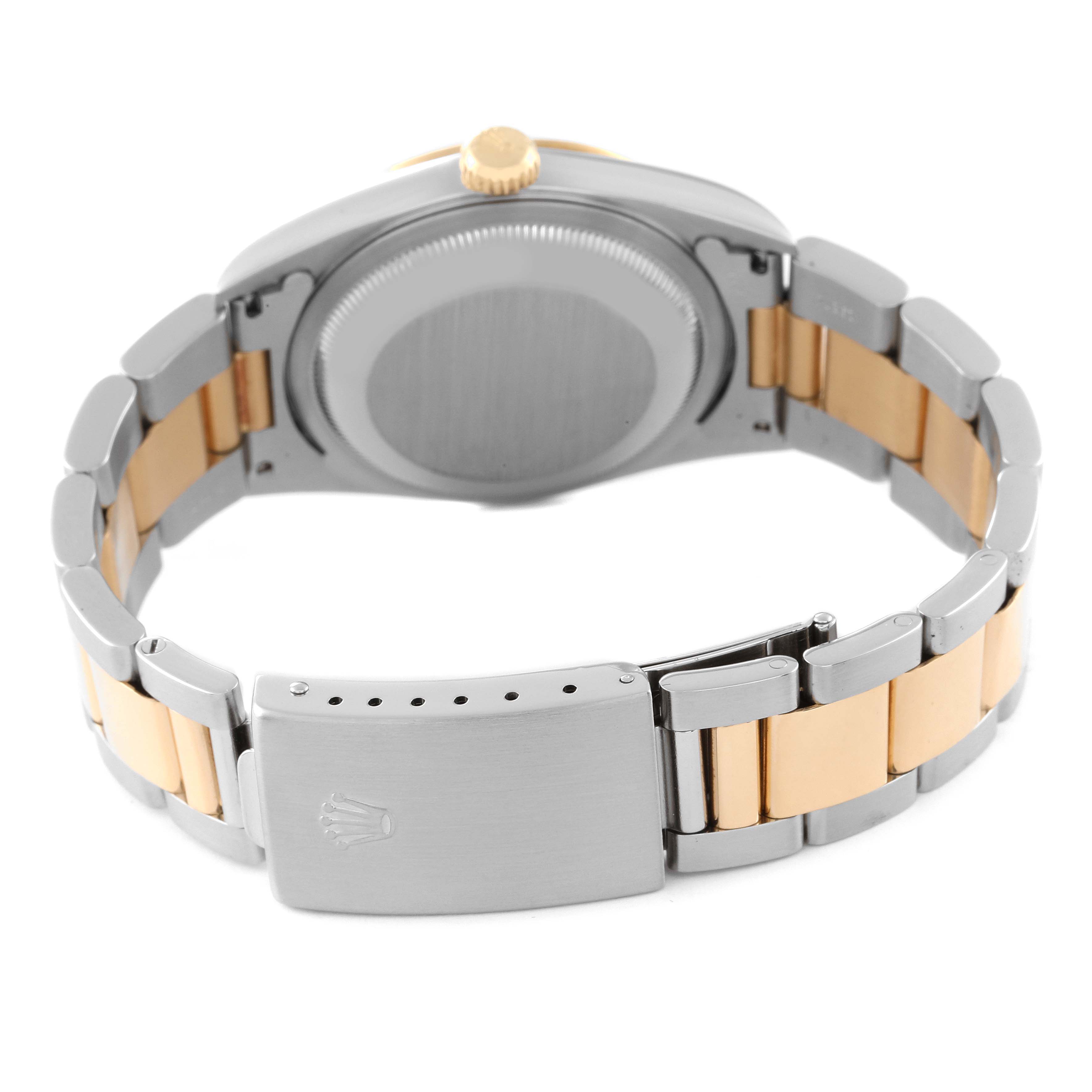 The image shows the back and bracelet of a Rolex Datejust 16203 Men's Steel and Gold (two tone) Grey Dial 16203 Men's Steel and Gold (two tone) Grey Dial watch, highlighting the clasp and the bi-color metal bracelet.