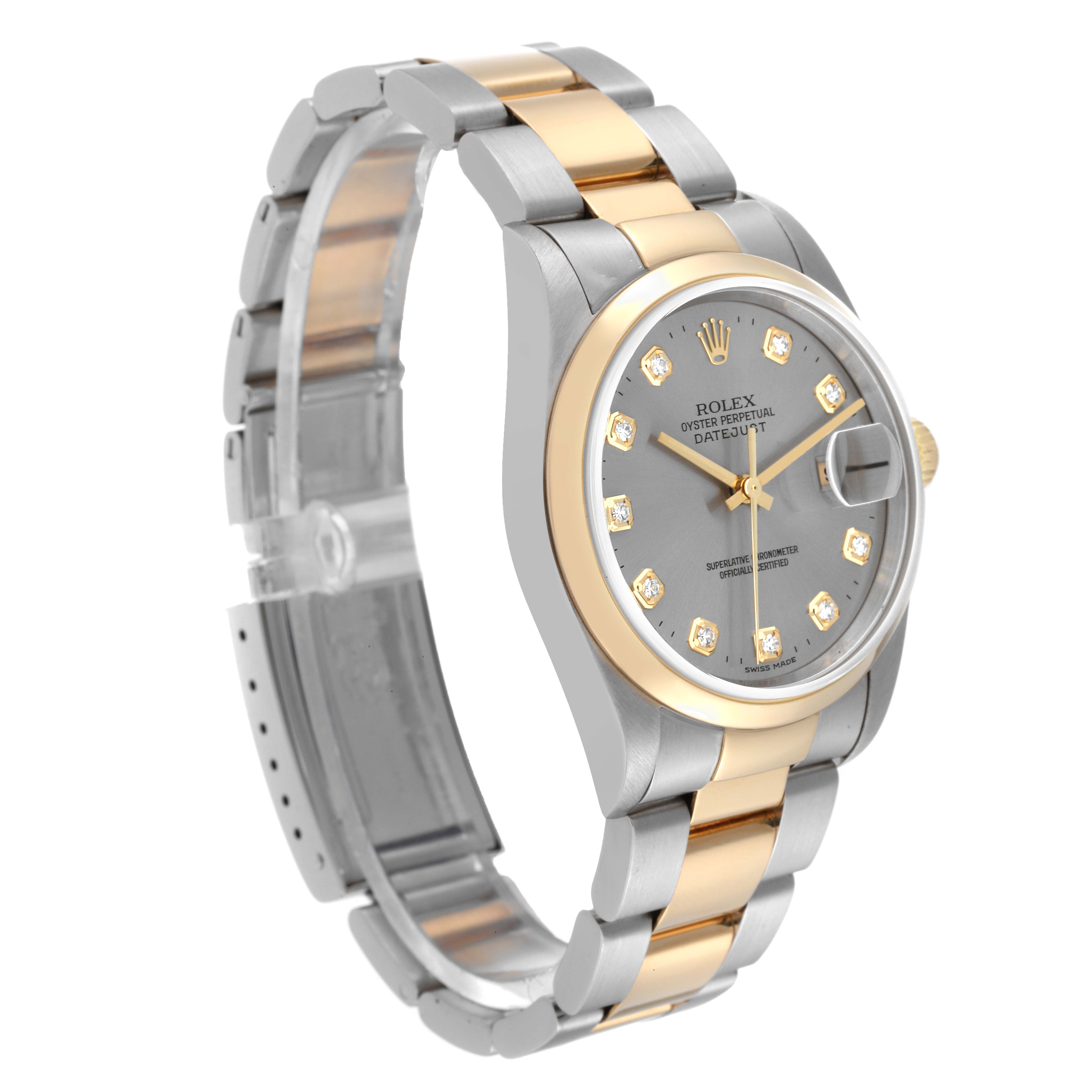 The Rolex Datejust 16203 Men's Steel and Gold (two tone) Grey Dial 16203 Men's Steel and Gold (two tone) Grey Dial watch is shown at a three-quarter angle, displaying its face, bezel, and two-tone bracelet.