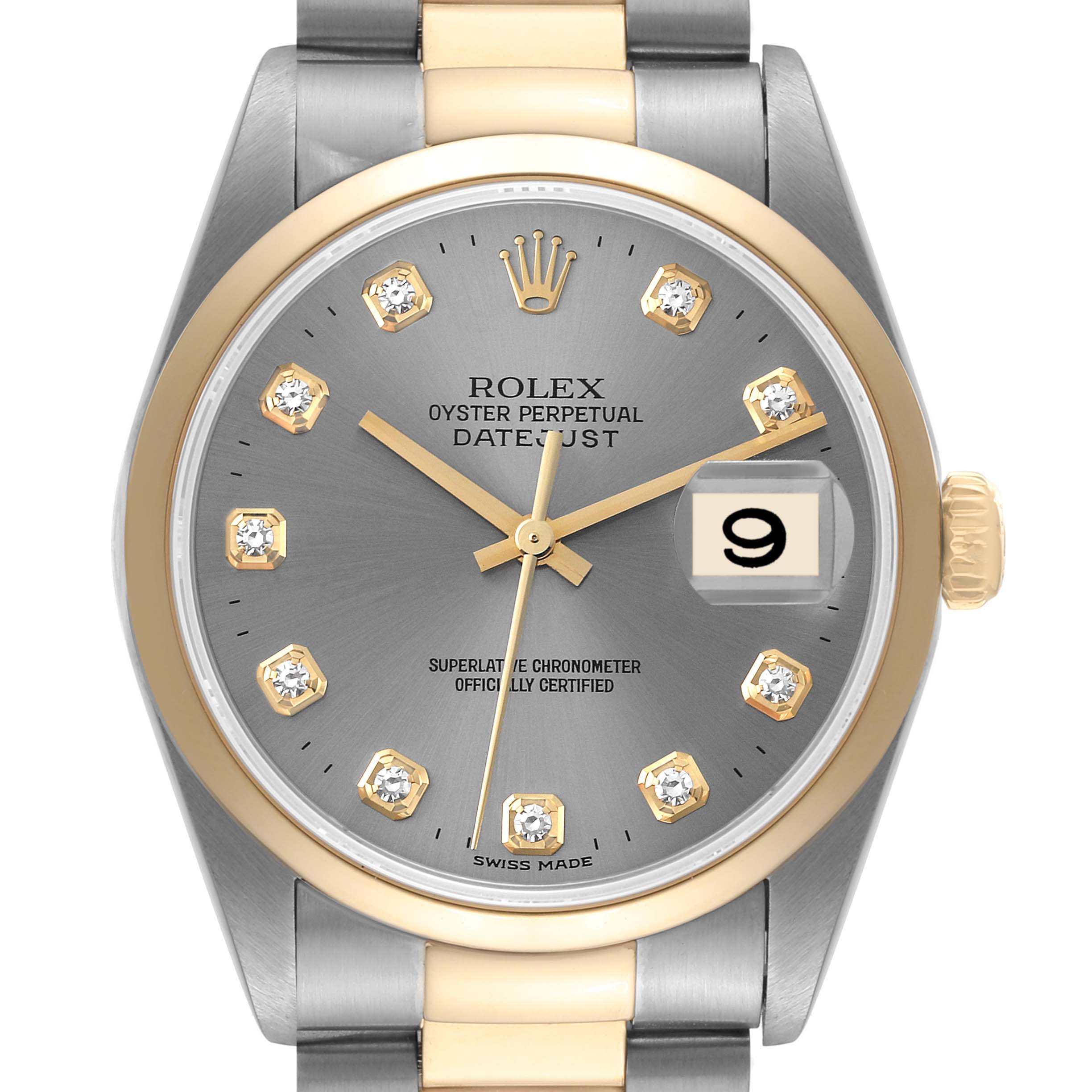 This is a front view of a Rolex Datejust 16203 Men's Steel and Gold (two tone) Grey Dial 16203 Men's Steel and Gold (two tone) Grey Dial watch, showing its dial, golden bezel, and partial bracelet with a date window at 3 o'clock.