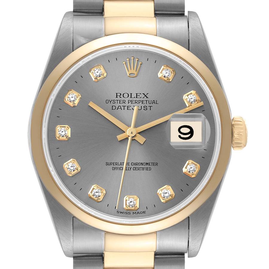 Rolex Datejust Steel Yellow Gold Slate Diamond Dial Mens Watch 16203 Box Papers SwissWatchExpo