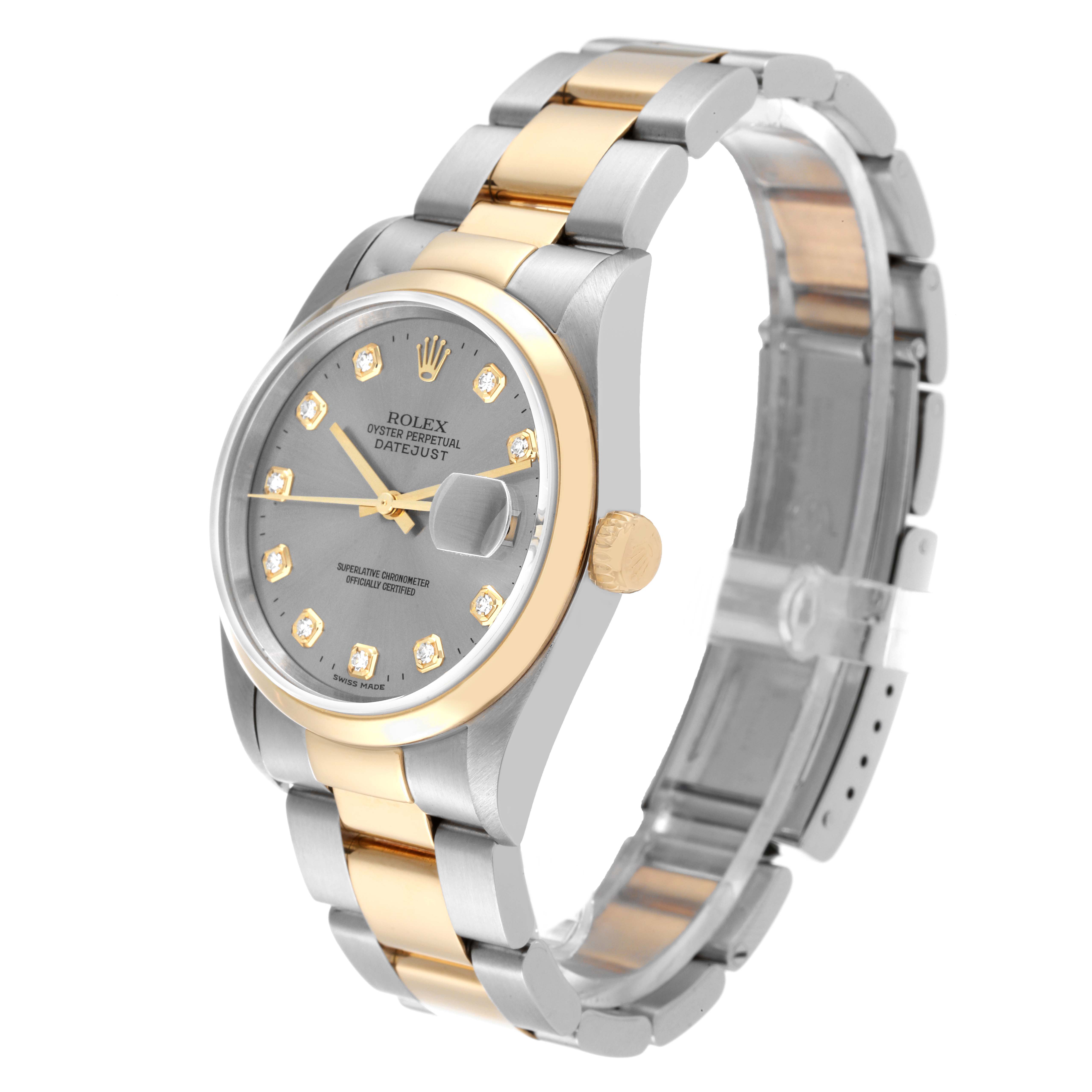 The image shows a Rolex Datejust 16203 Men's Steel and Gold (two tone) Grey Dial 16203 Men's Steel and Gold (two tone) Grey Dial watch angled slightly from above, highlighting its face, bezel, crown, and bracelet.
