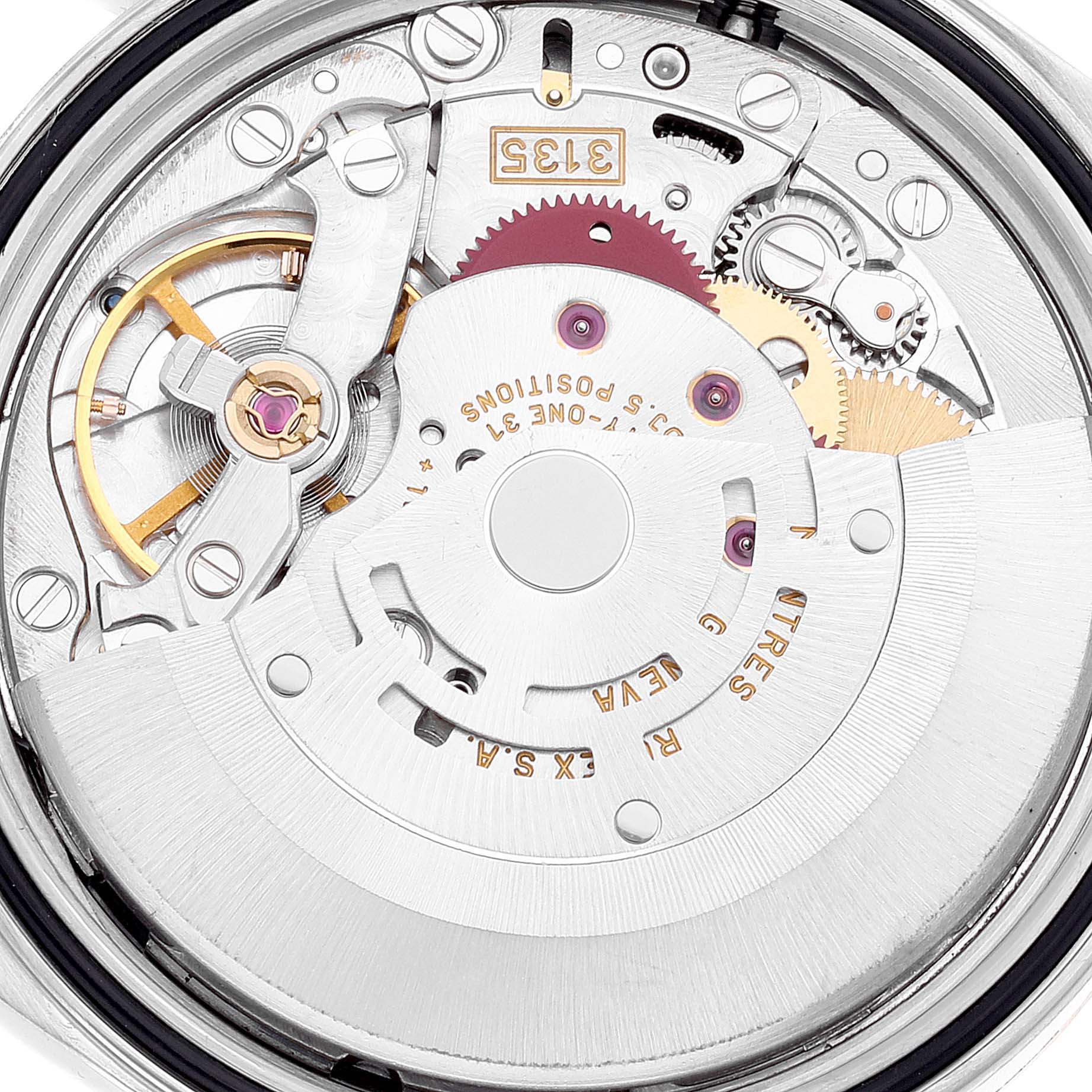 This image shows the internal mechanism of the Rolex Datejust 16203 Men's Steel and Gold (two tone) Grey Dial 16203 Men's Steel and Gold (two tone) Grey Dial watch from a close-up angle.