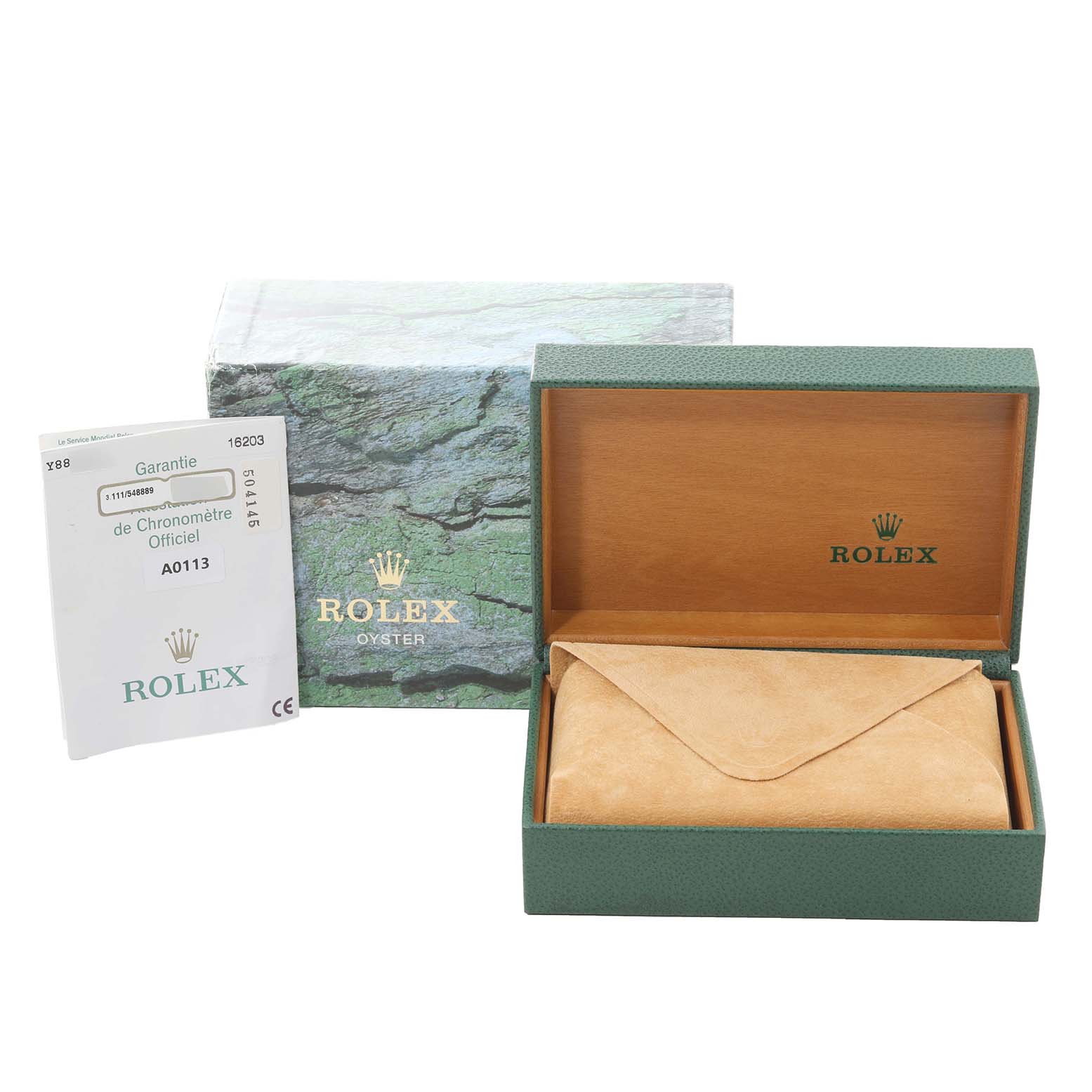 The image shows the open packaging box, inner envelope, and warranty booklet for the Rolex Datejust 16203 Men's Steel and Gold (two tone) Grey Dial 16203 Men's Steel and Gold (two tone) Grey Dial model.