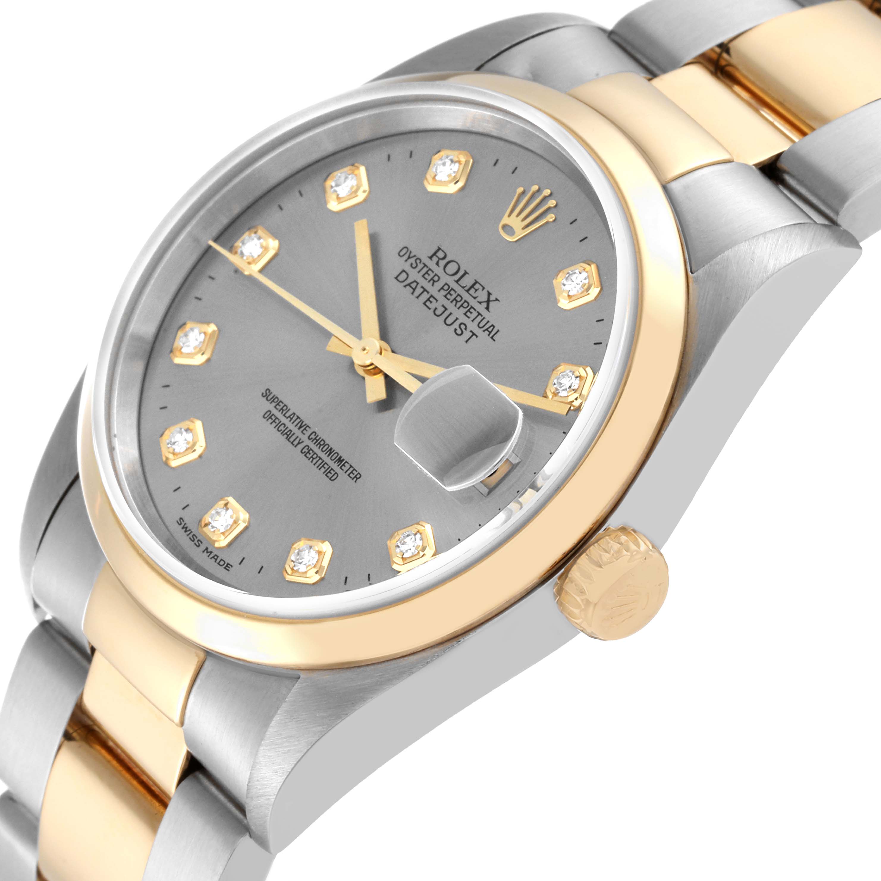 The image shows a close-up angled view of the Rolex Datejust 16203 Men's Steel and Gold (two tone) Grey Dial 16203 Men's Steel and Gold (two tone) Grey Dial watch, focusing on its dial, crown, and part of the bracelet.