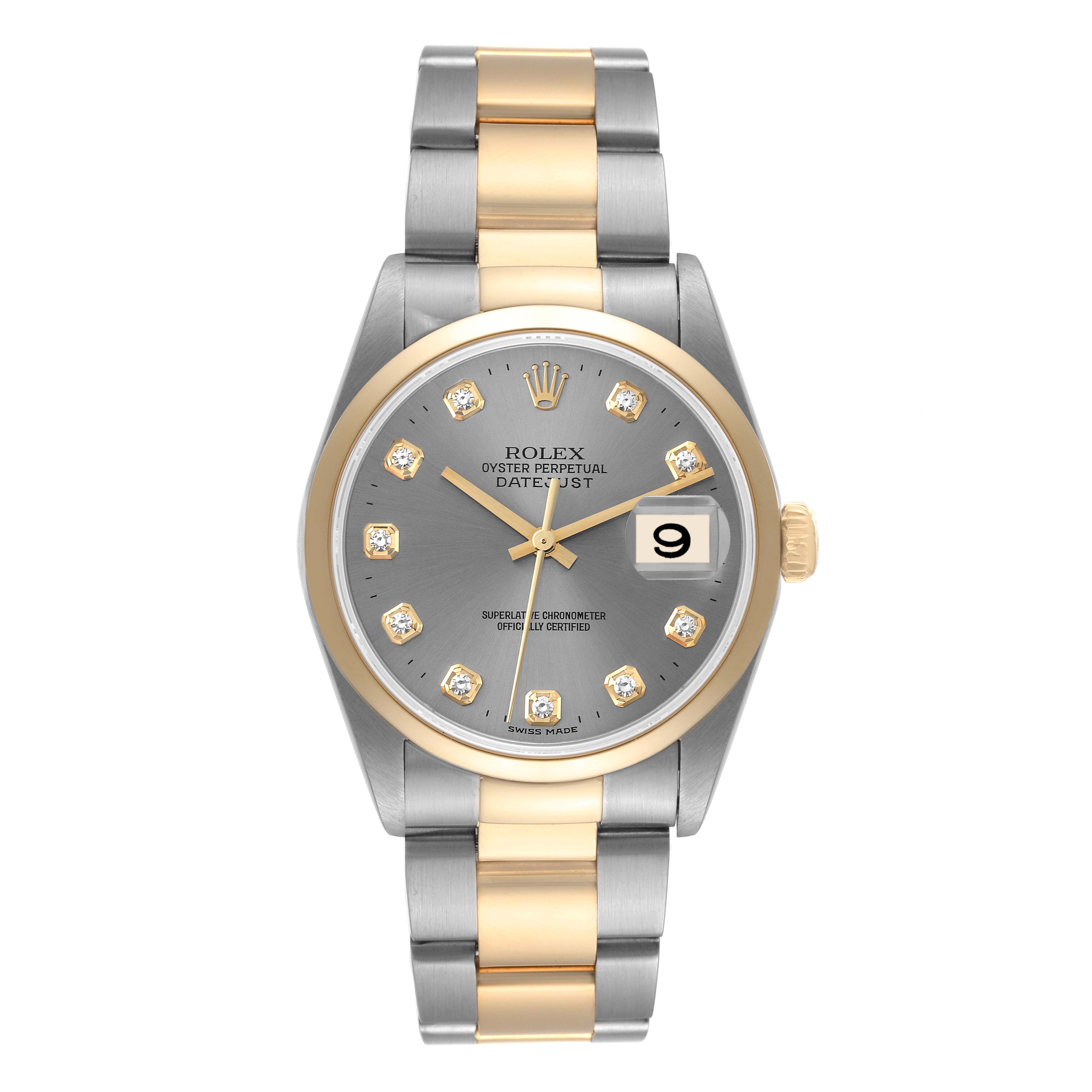 This image shows a front view of a Rolex Datejust 16203 Men's Steel and Gold (two tone) Grey Dial 16203 Men's Steel and Gold (two tone) Grey Dial watch with a two-tone bracelet and a grey dial with diamond hour markers.