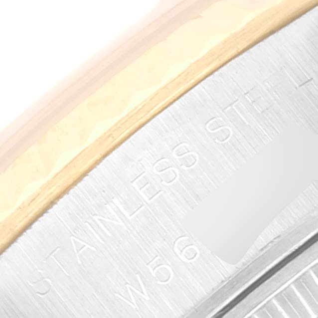 The image shows a close-up of the case back of a Rolex Datejust 69173 Women's Stainless Steel White Dial 69173 Women's Stainless Steel White Dial watch with "STAINLESS STEEL" engraved.