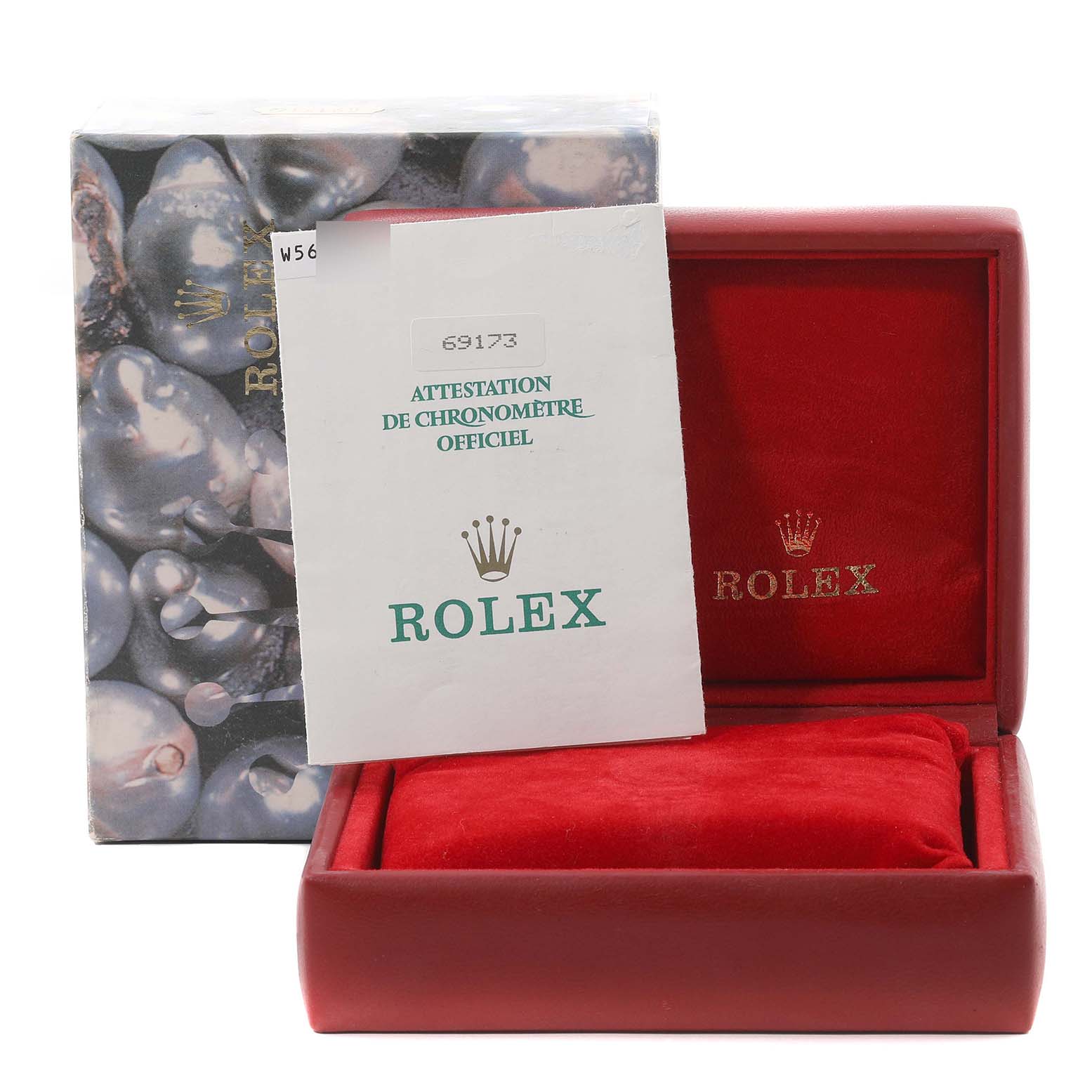 This image shows the packaging, certificate, and box for a Rolex Datejust 69173 Women's Stainless Steel White Dial 69173 Women's Stainless Steel White Dial model.