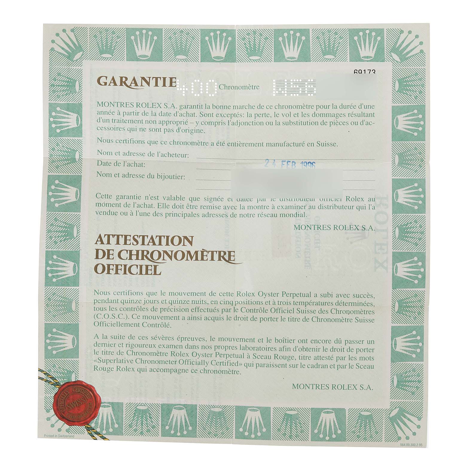 This image shows the warranty and official chronometer certification for a Rolex Datejust 69173 Women's Stainless Steel White Dial 69173 Women's Stainless Steel White Dial watch.