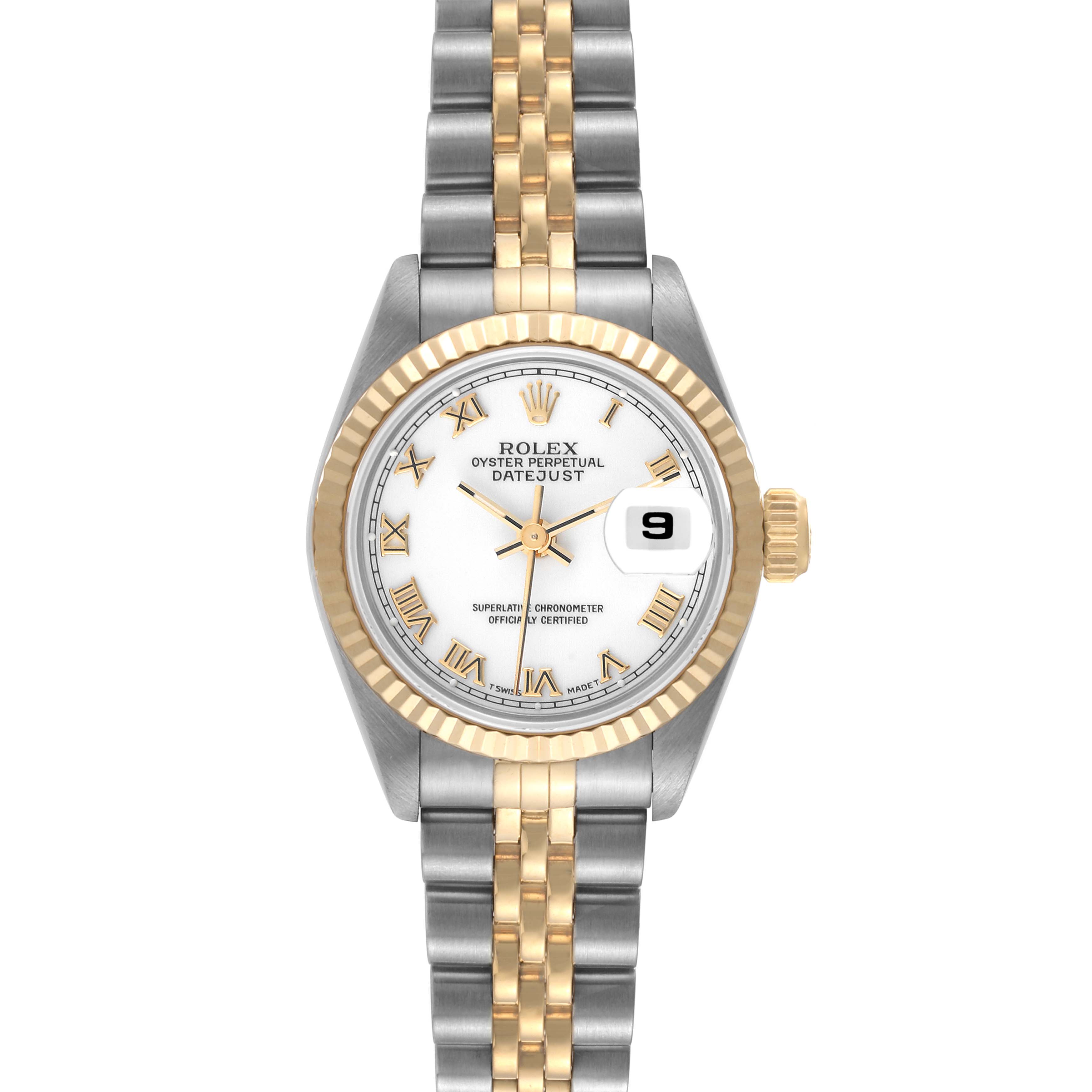This is a front view of a Rolex Datejust 69173 Women's Stainless Steel White Dial 69173 Women's Stainless Steel White Dial watch showing the dial, bezel, crown, and bracelet.