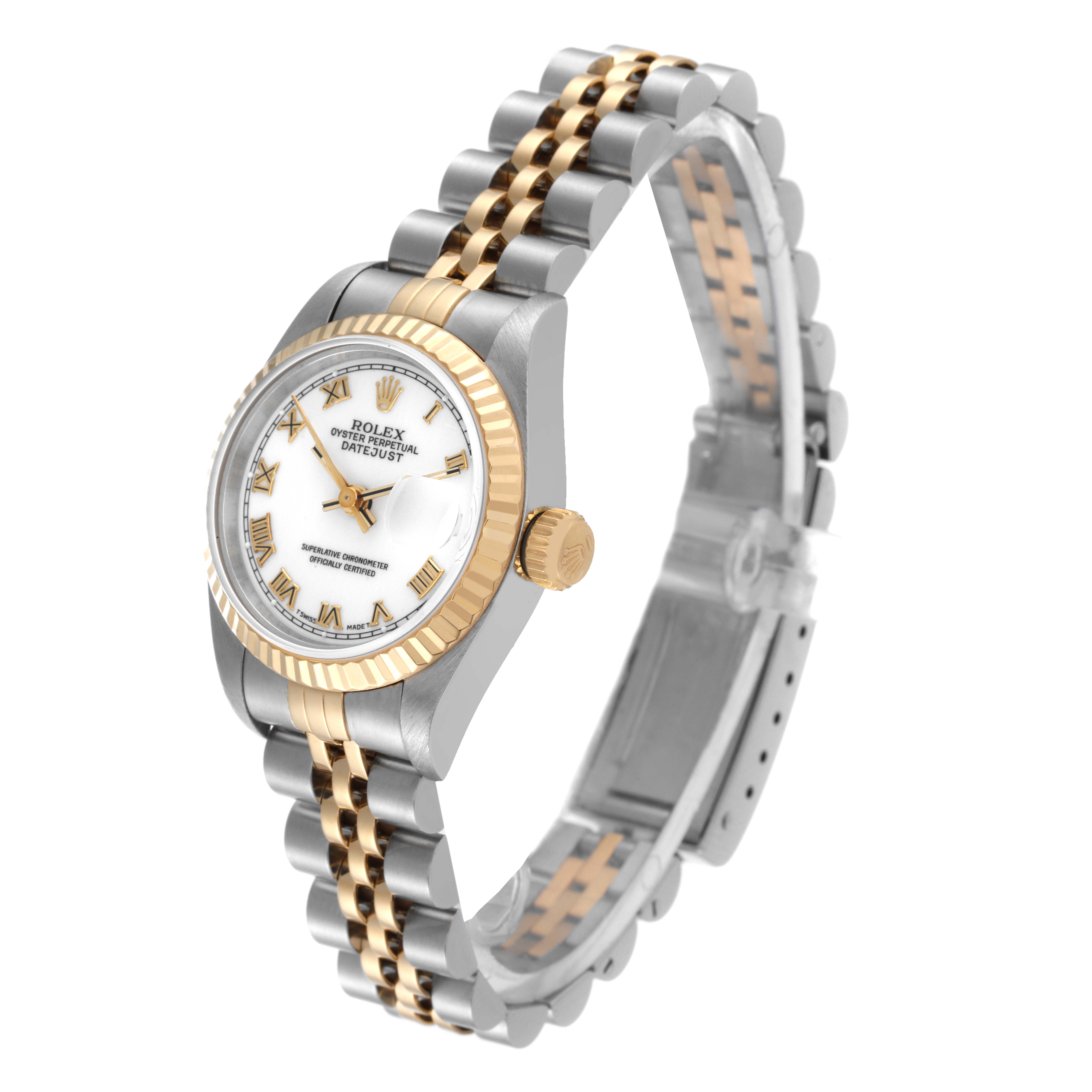 The Rolex Datejust 69173 Women's Stainless Steel White Dial 69173 Women's Stainless Steel White Dial watch is shown at an angled view highlighting the face, bezel, crown, and two-tone bracelet.