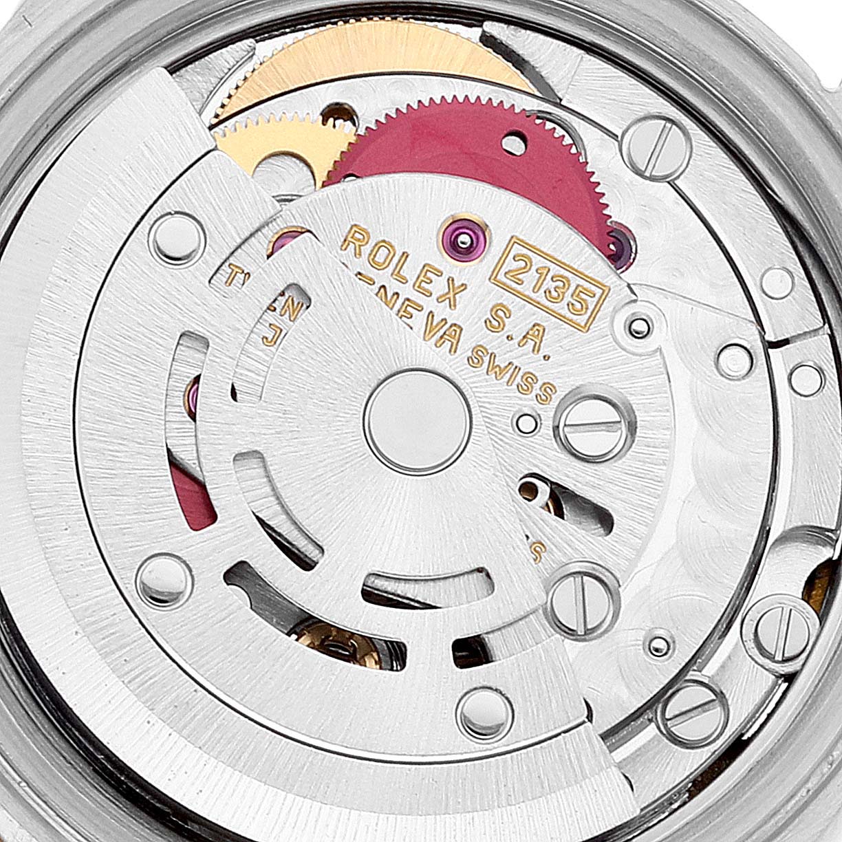 This is a close-up view of the movement inside a Rolex Datejust 69173 Women's Stainless Steel White Dial 69173 Women's Stainless Steel White Dial watch, showcasing its internal gears and components.