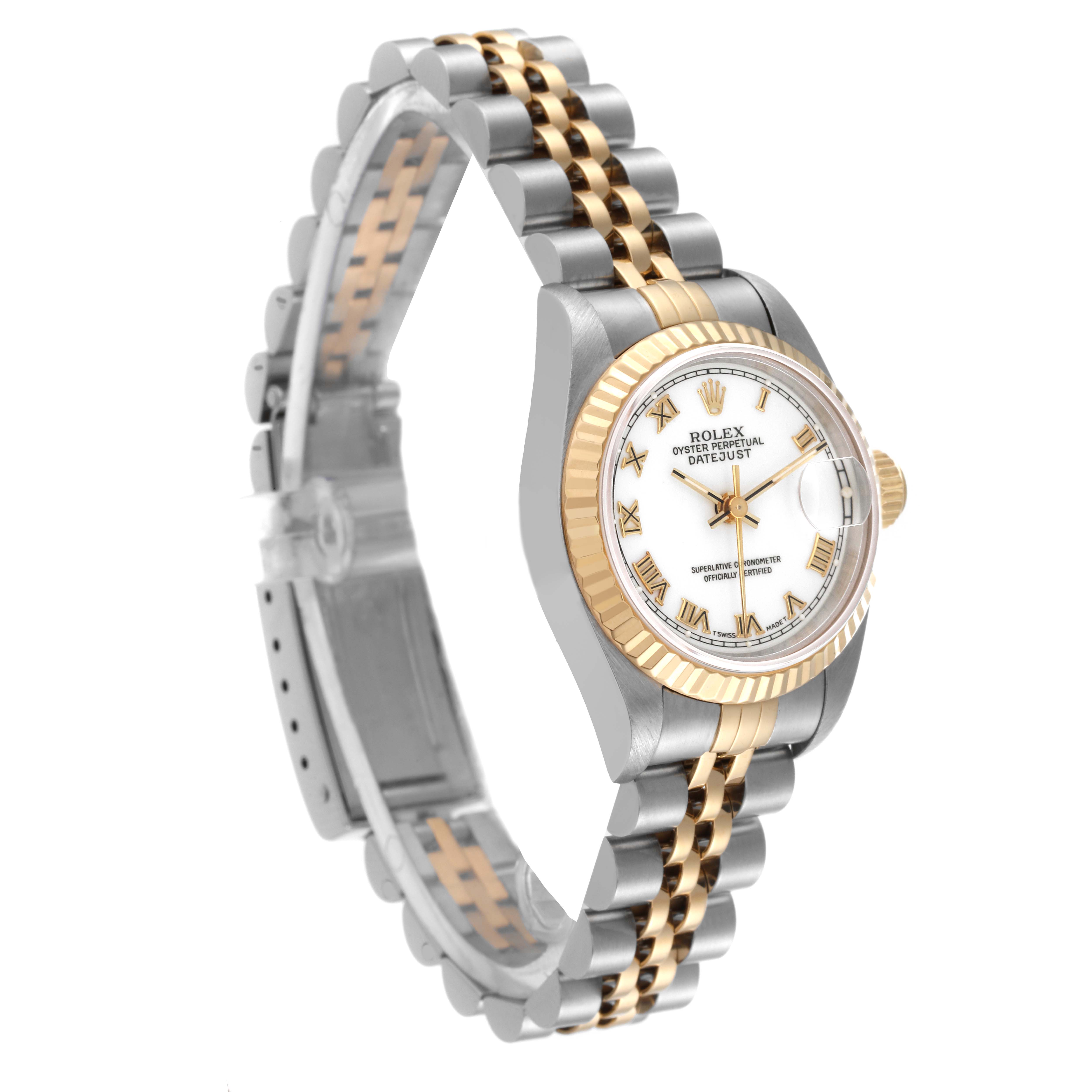 This image shows a side angle of a Rolex Datejust 69173 Women's Stainless Steel White Dial 69173 Women's Stainless Steel White Dial watch, highlighting its two-tone bracelet, fluted bezel, and white dial.