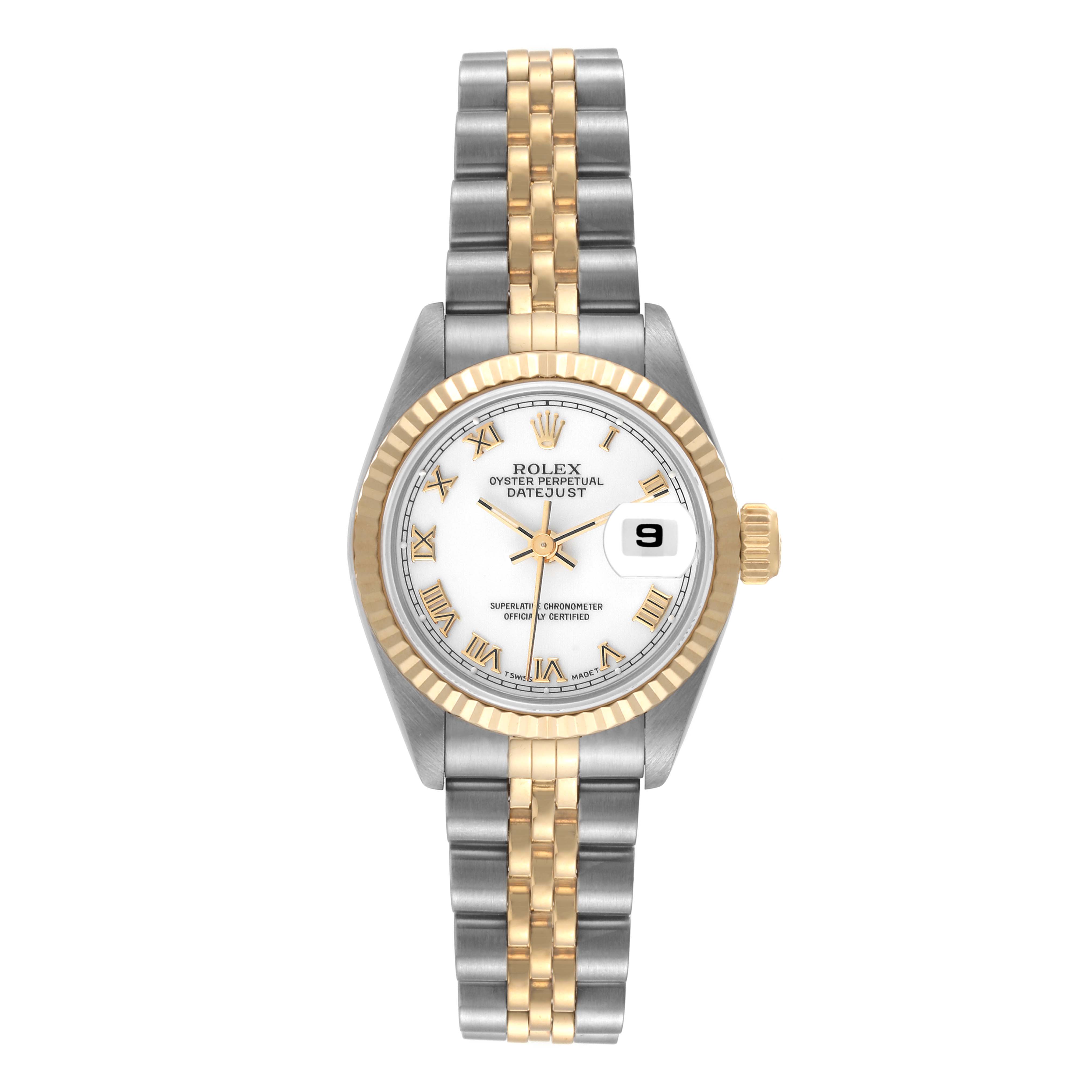 The image shows a Rolex Datejust 69173 Women's Stainless Steel White Dial 69173 Women's Stainless Steel White Dial watch from a straight-on angle, featuring its dial, bezel, and bracelet.