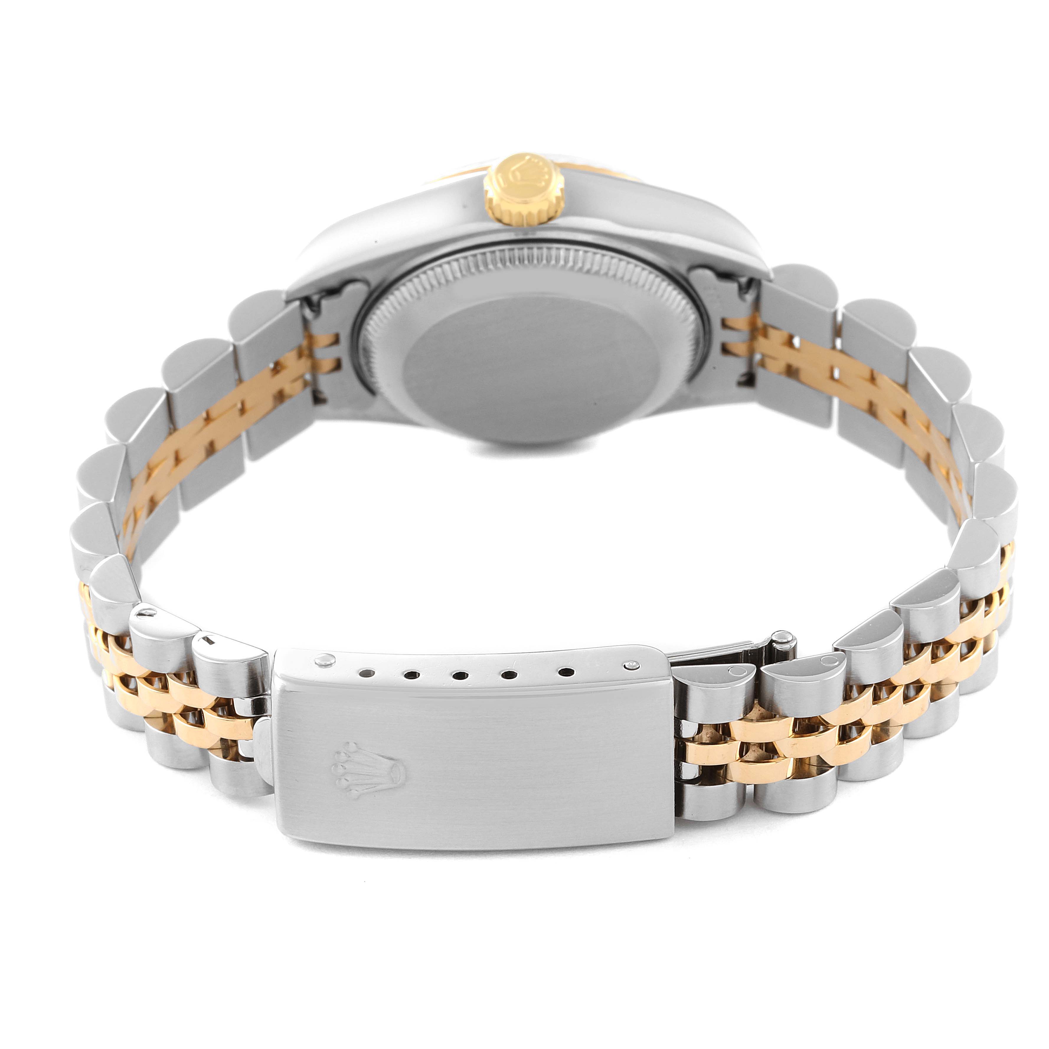 This image shows the back view of a Rolex Datejust 79173 Women's Steel and Gold (two tone) White Dial 79173 Women's Steel and Gold (two tone) White Dial watch, highlighting the two-tone bracelet and clasp.