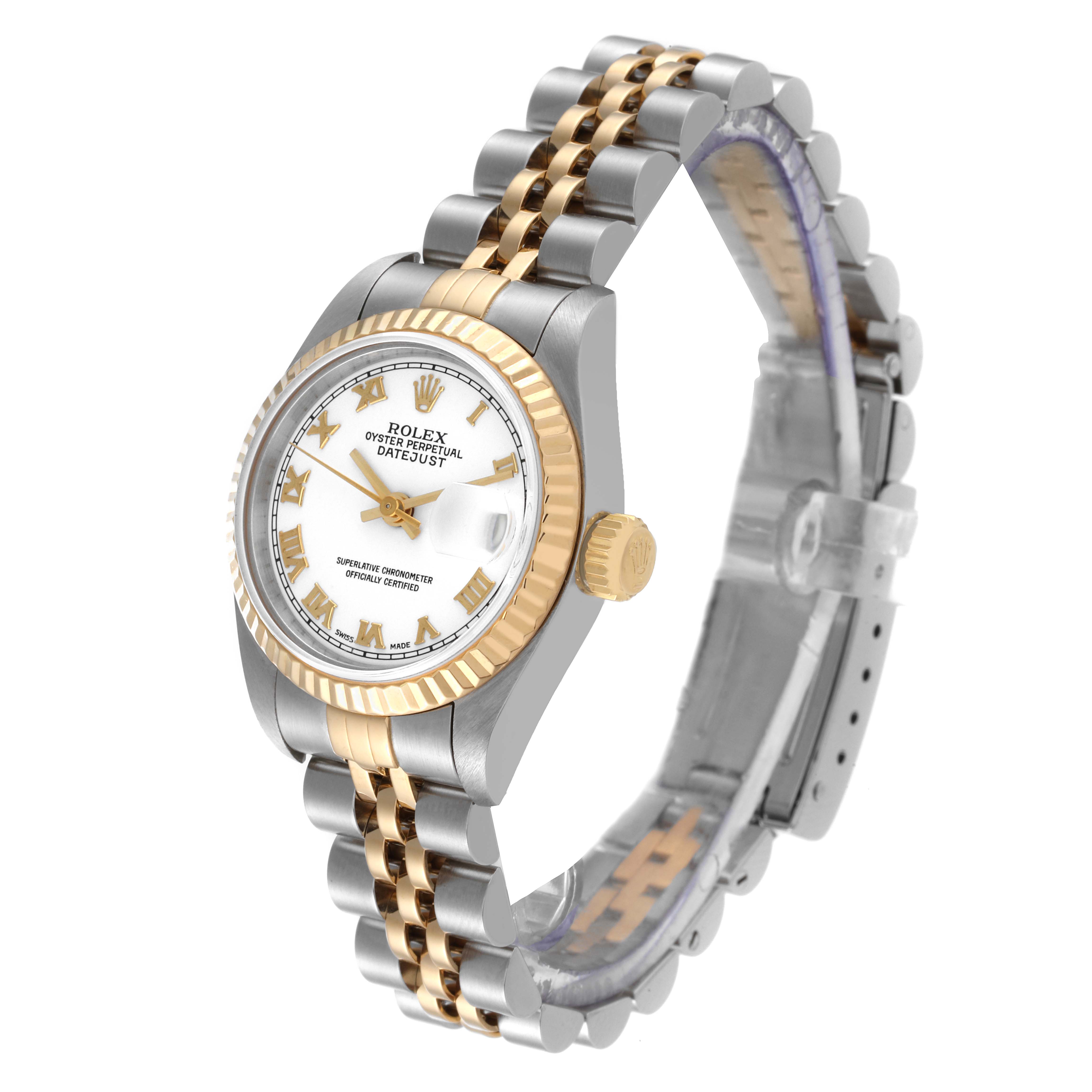 The image shows a Rolex Datejust 79173 Women's Steel and Gold (two tone) White Dial 79173 Women's Steel and Gold (two tone) White Dial watch angled to display the front dial, fluted bezel, crown, and two-tone jubilee bracelet.
