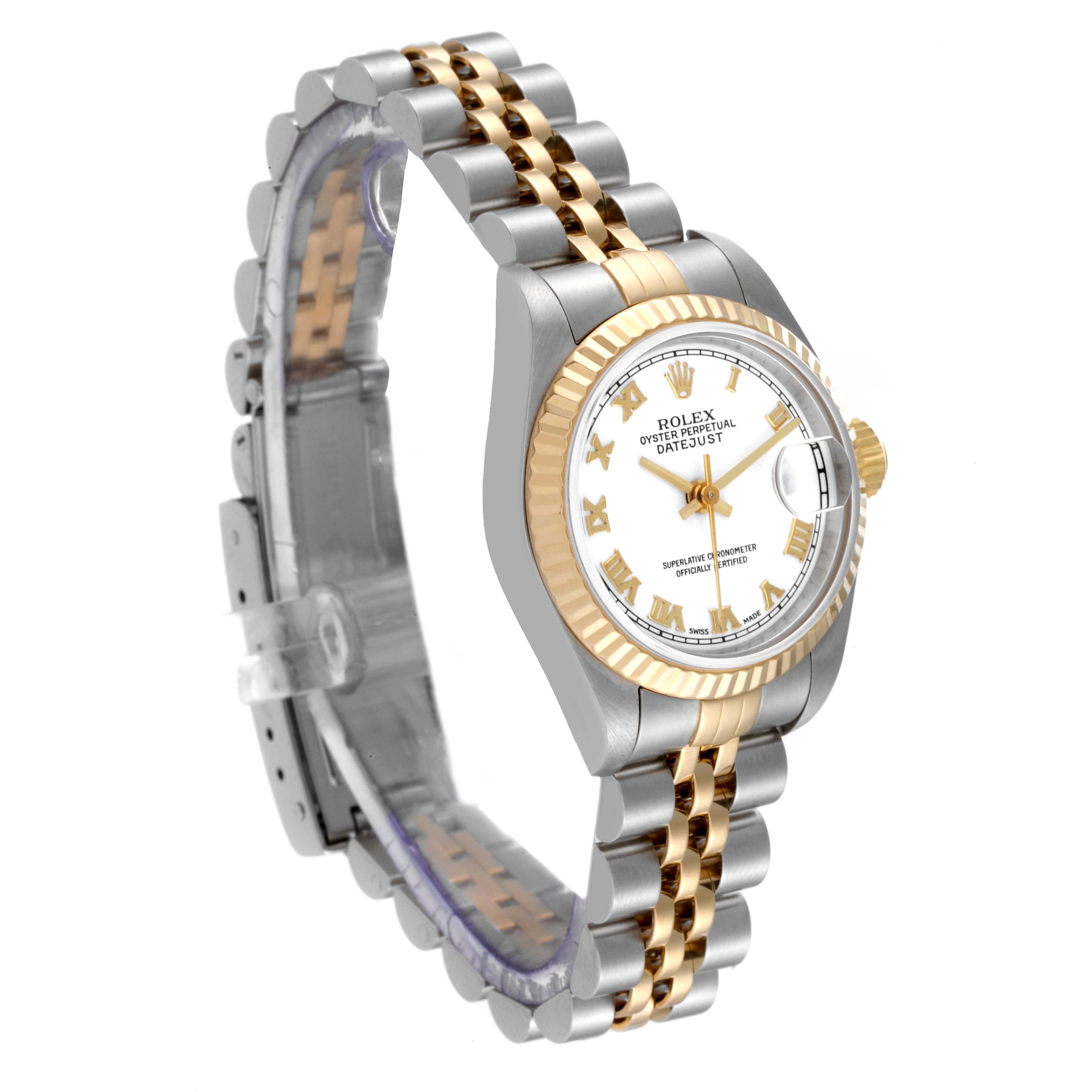 This image shows a Rolex Datejust 79173 Women's Steel and Gold (two tone) White Dial 79173 Women's Steel and Gold (two tone) White Dial watch at a three-quarter angle, highlighting its face, bezel, and bracelet.