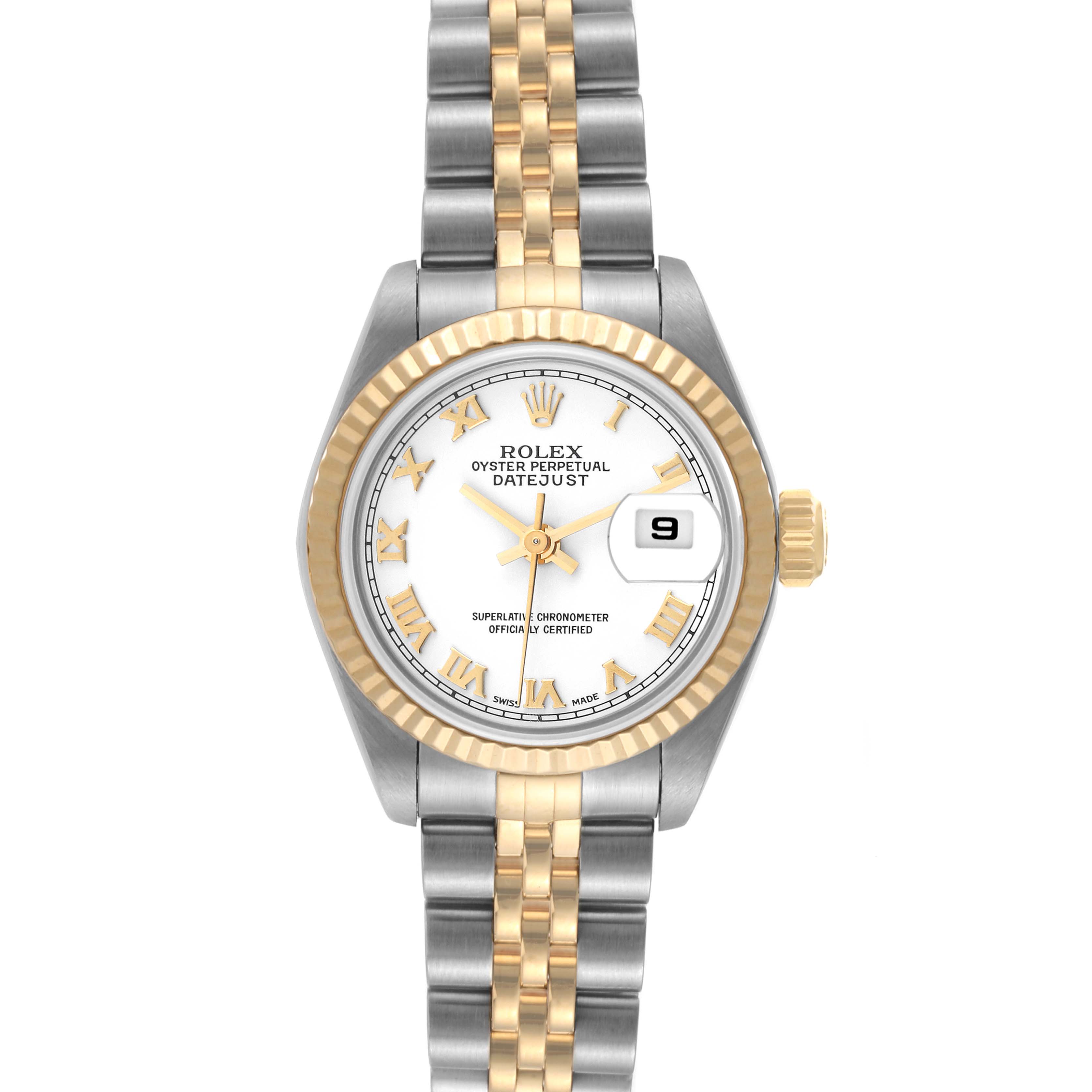 The image shows a front view of a Rolex Datejust 79173 Women's Steel and Gold (two tone) White Dial 79173 Women's Steel and Gold (two tone) White Dial watch, featuring a two-tone band, fluted bezel, and a date window at 3 o'clock.