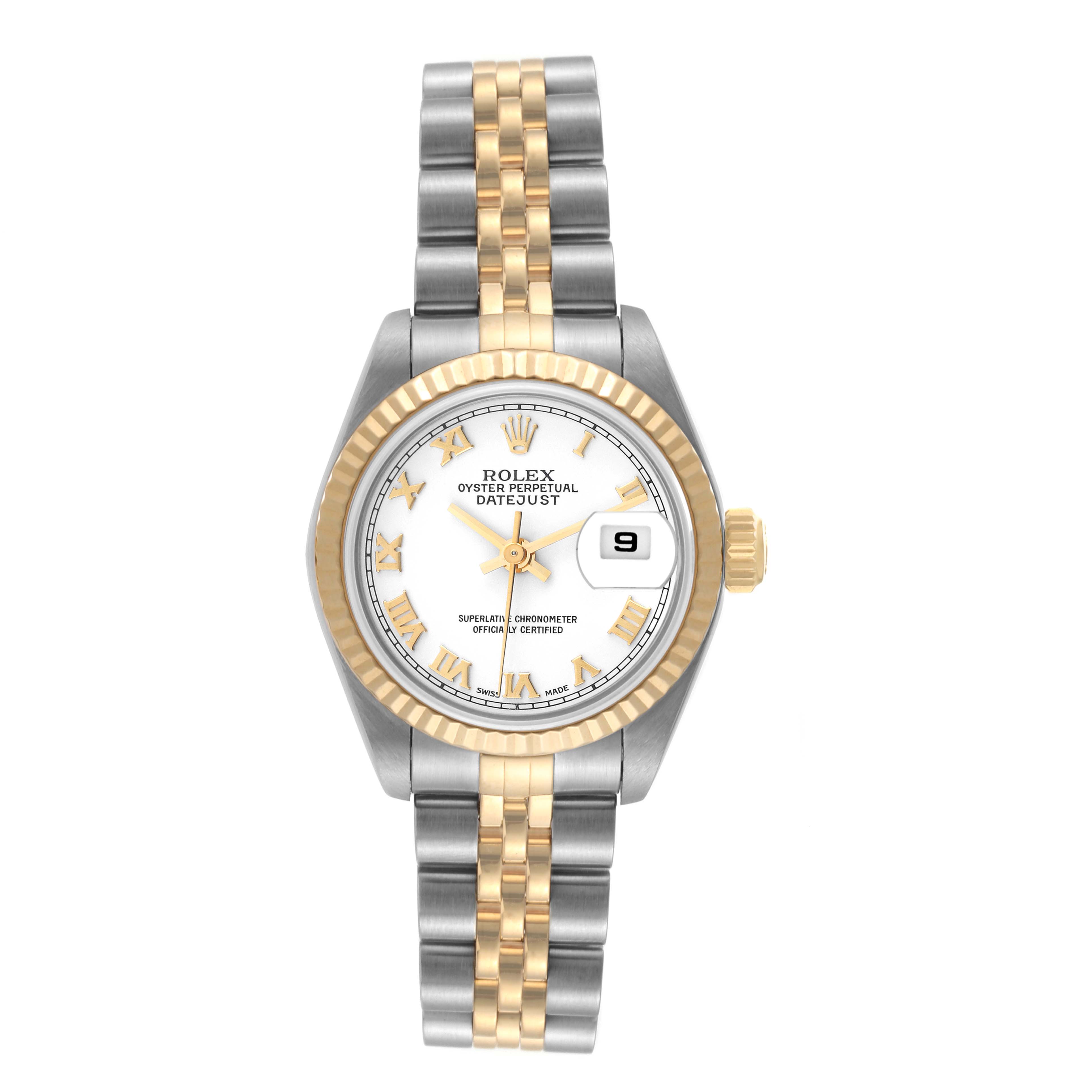 This image shows a front view of a Rolex Datejust 79173 Women's Steel and Gold (two tone) White Dial 79173 Women's Steel and Gold (two tone) White Dial watch, featuring a two-tone bracelet, white dial, and date window.