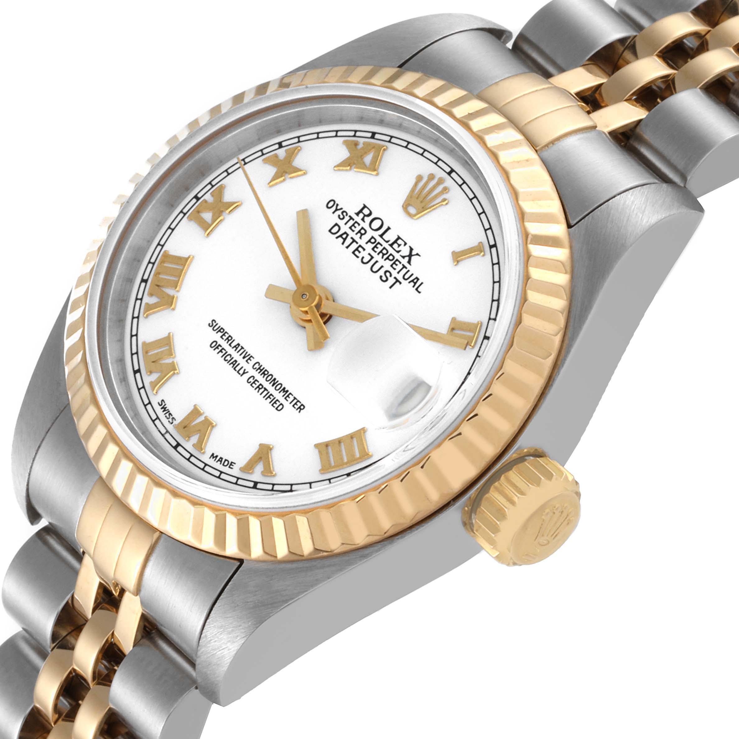 The image shows a Rolex Datejust 79173 Women's Steel and Gold (two tone) White Dial 79173 Women's Steel and Gold (two tone) White Dial watch at an angled close-up, highlighting its bezel, dial, and bracelet.