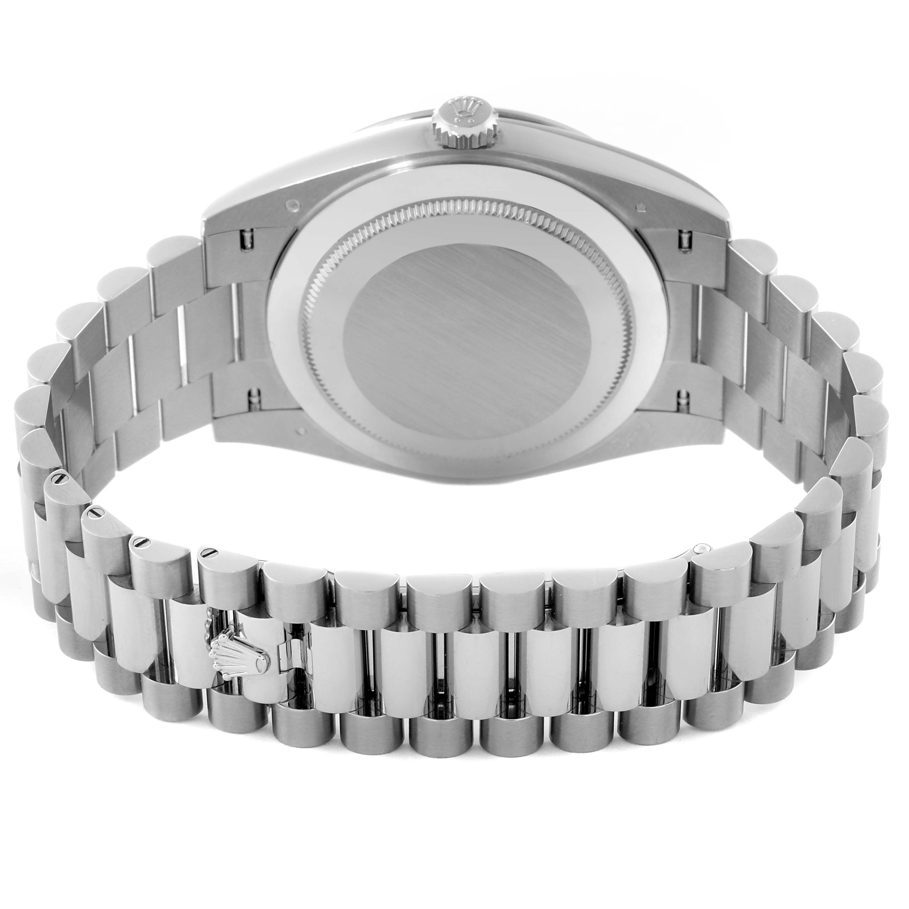 This image shows the back and bracelet of a Rolex President 228349 Men's White Gold Silver Dial 228349 Men's White Gold Silver Dial model watch, featuring the clasp and crown.