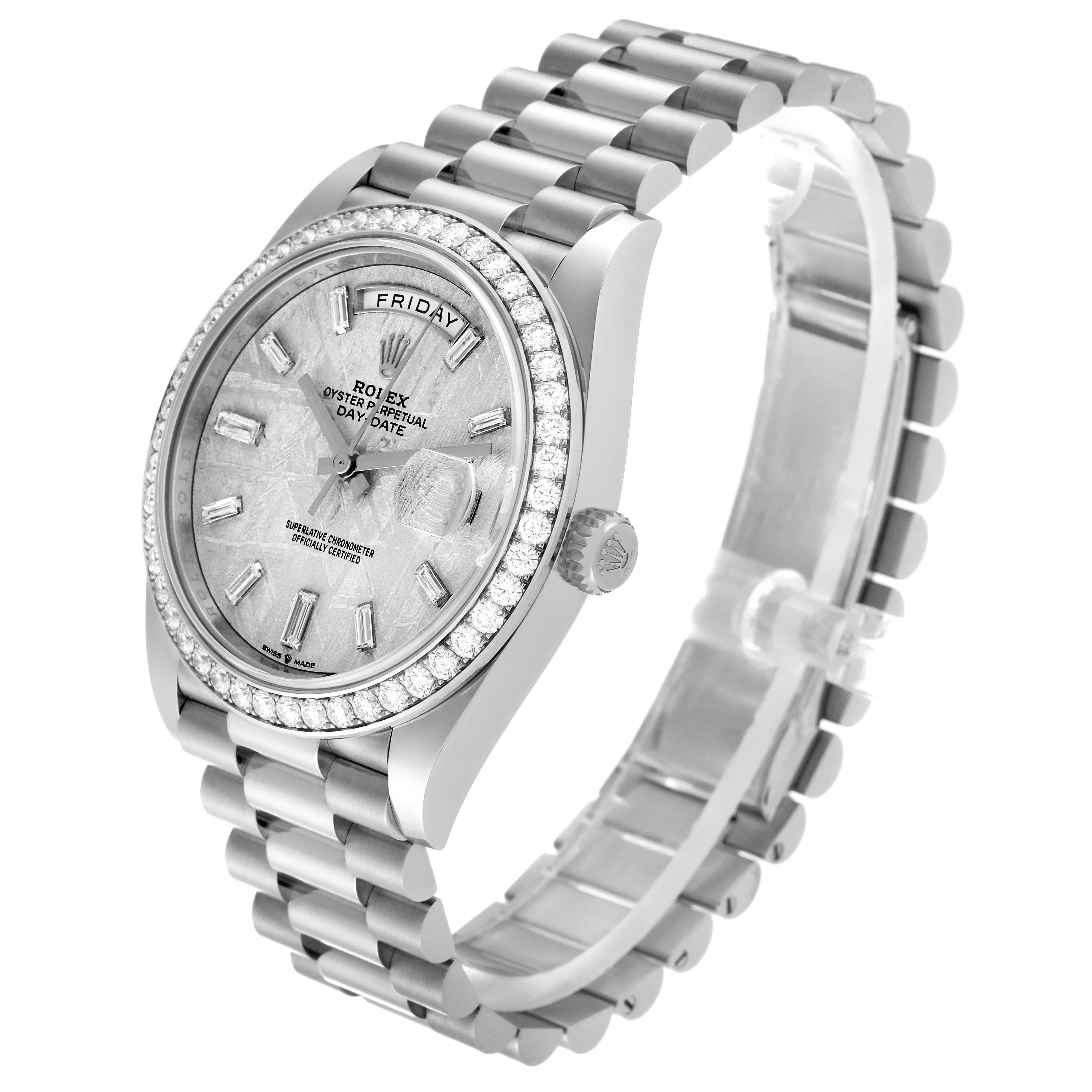 The image shows a Rolex President 228349 Men's White Gold Silver Dial 228349 Men's White Gold Silver Dial model watch at a three-quarter angle, highlighting the dial, bezel, crown, and bracelet.