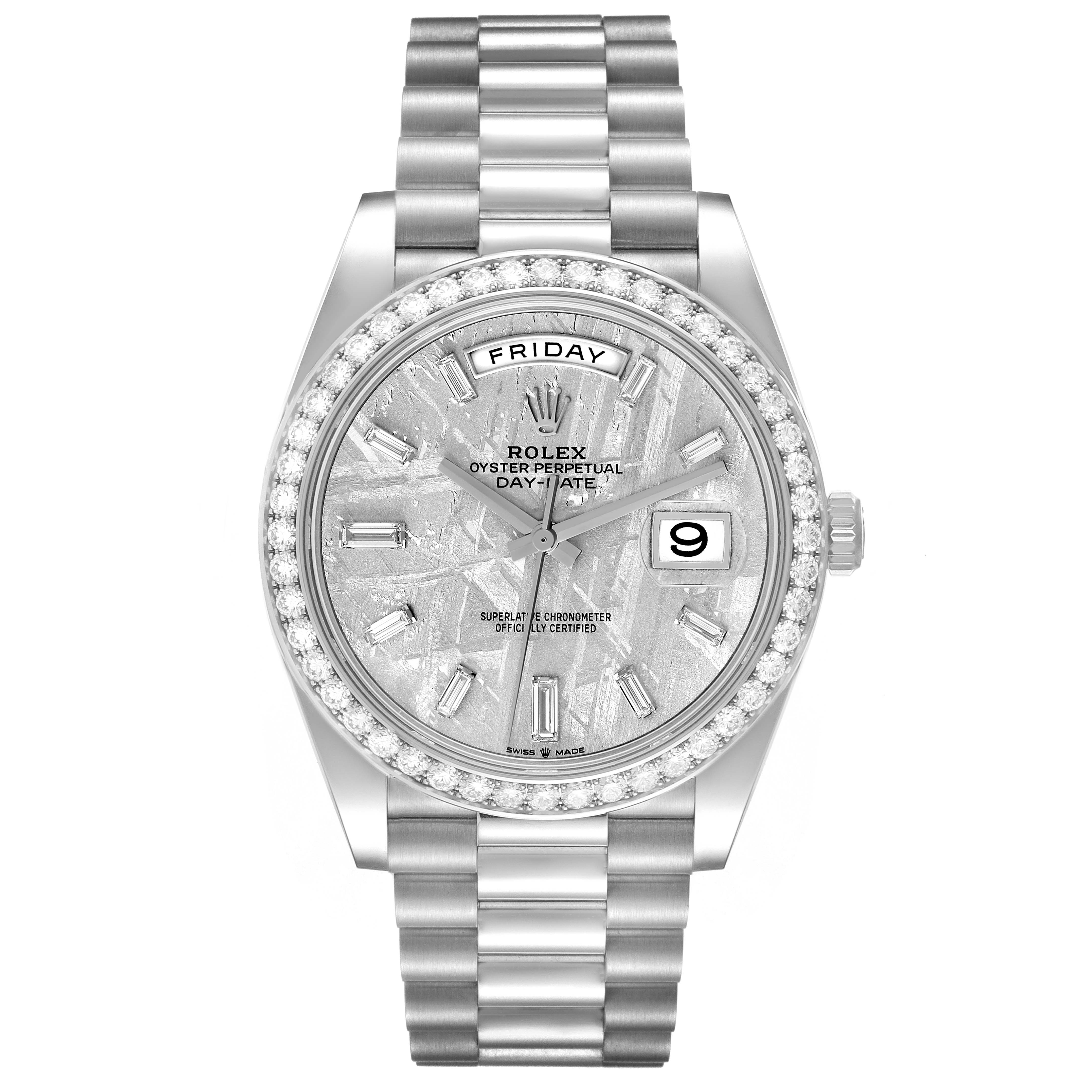 The image shows the front view of a Rolex President 228349 Men's White Gold Silver Dial 228349 Men's White Gold Silver Dial model watch, highlighting its dial, bezel, day and date display, and bracelet.