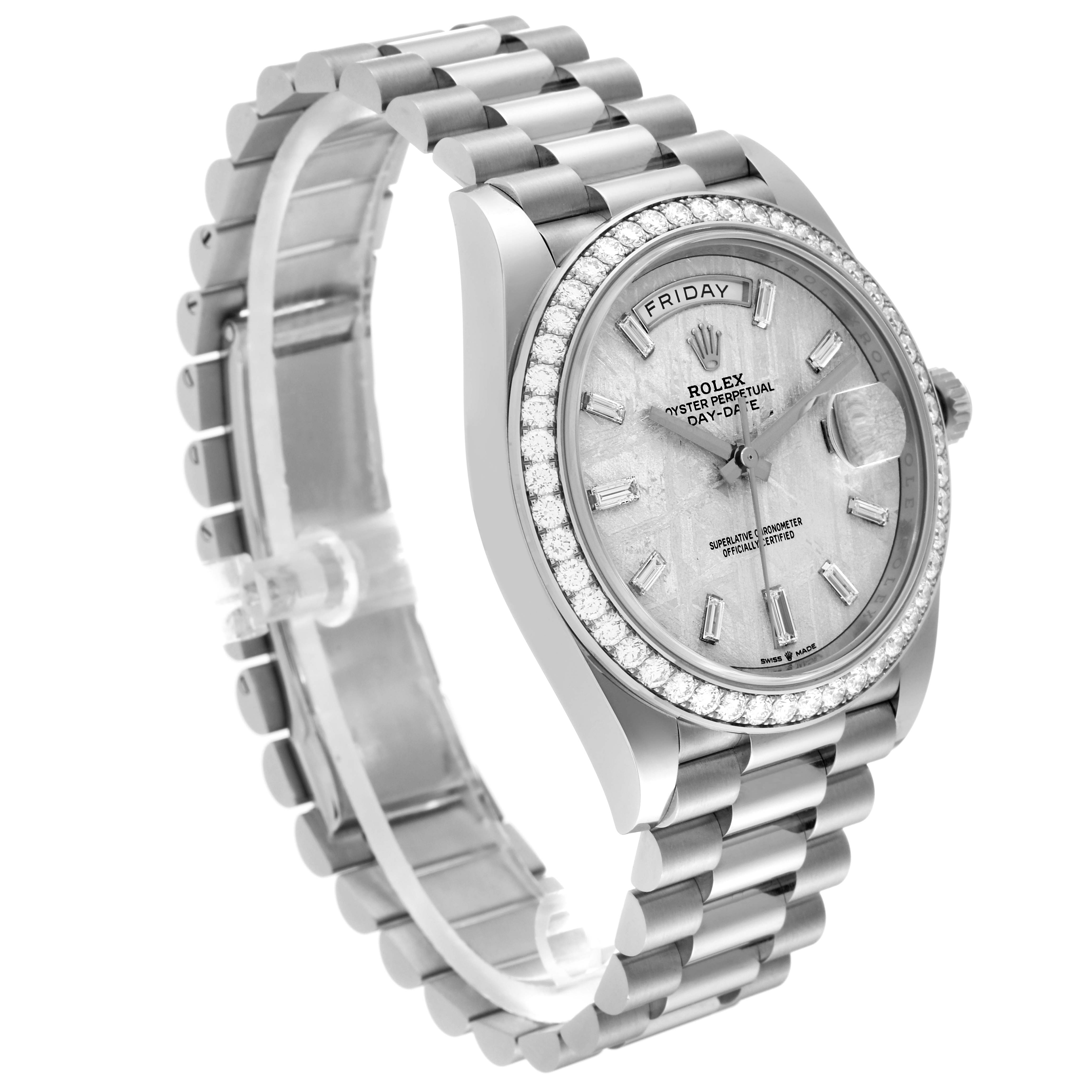 The image shows a Rolex President 228349 Men's White Gold Silver Dial 228349 Men's White Gold Silver Dial model watch from a three-quarter angle, highlighting the bracelet, case, and dial.