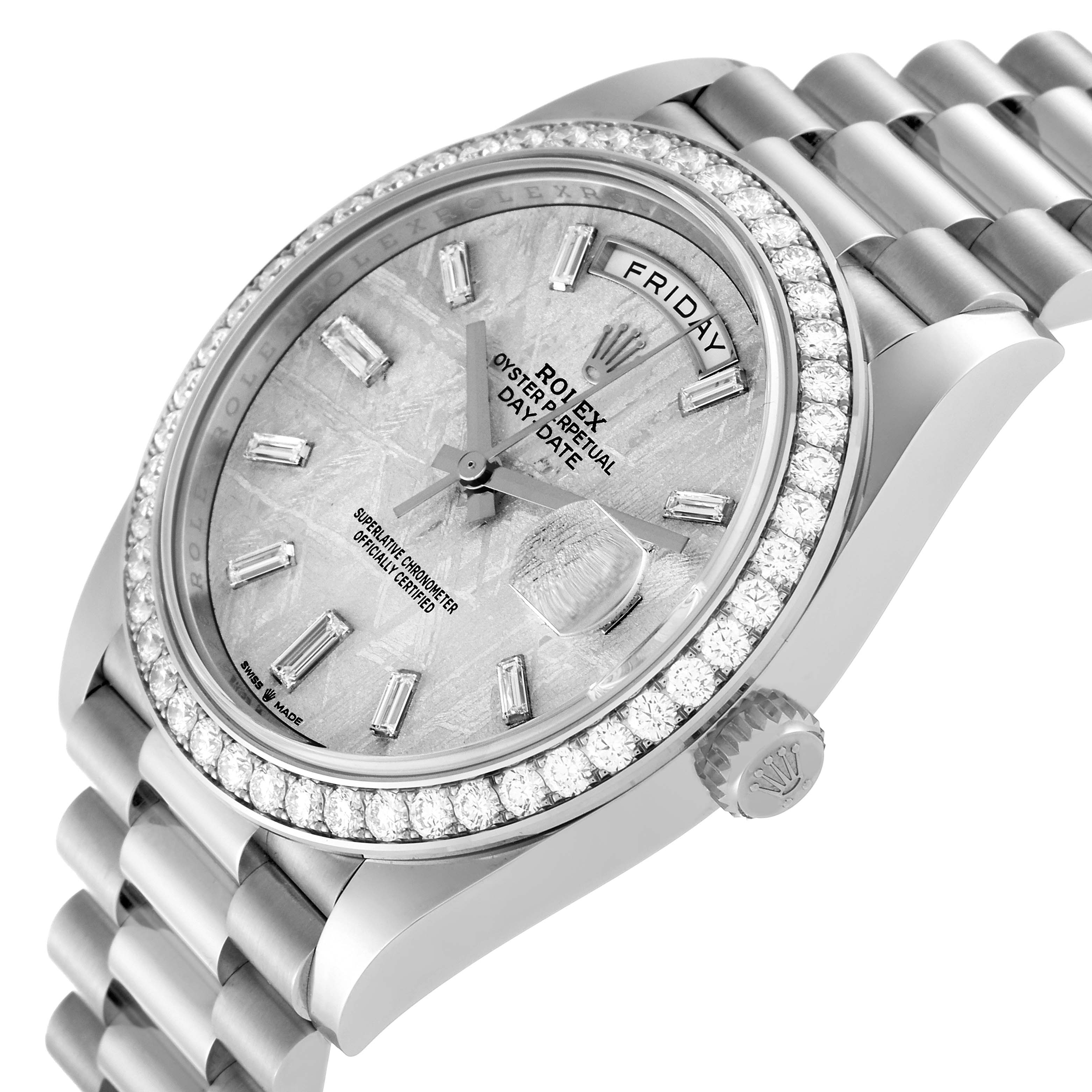 The image shows a close-up, angled view of a Rolex President 228349 Men's White Gold Silver Dial 228349 Men's White Gold Silver Dial model watch, highlighting the face, bezel, and part of the bracelet.