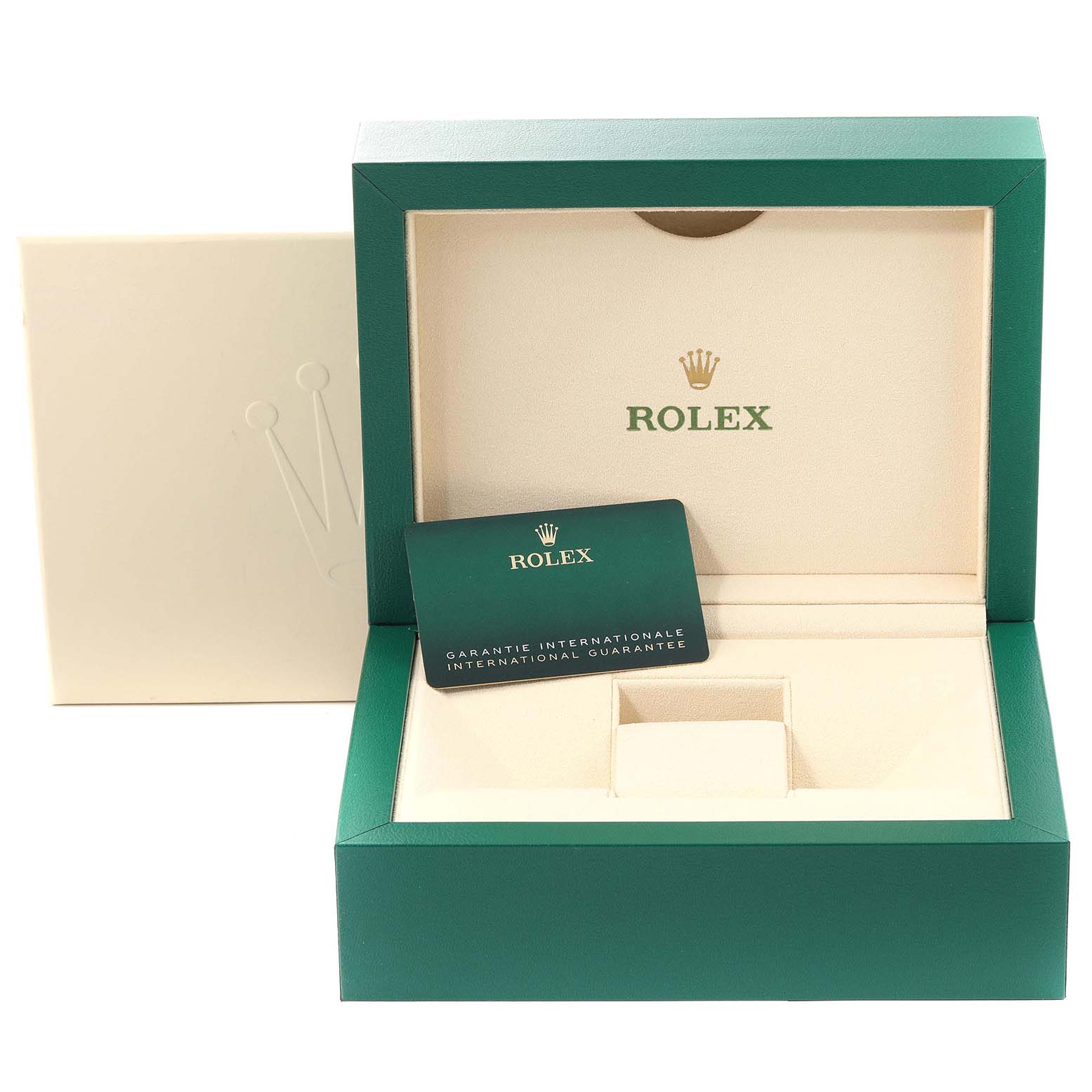 The image shows an open empty Rolex President 228349 Men's White Gold Silver Dial 228349 Men's White Gold Silver Dial model watch box and a warranty card, viewed from the front.