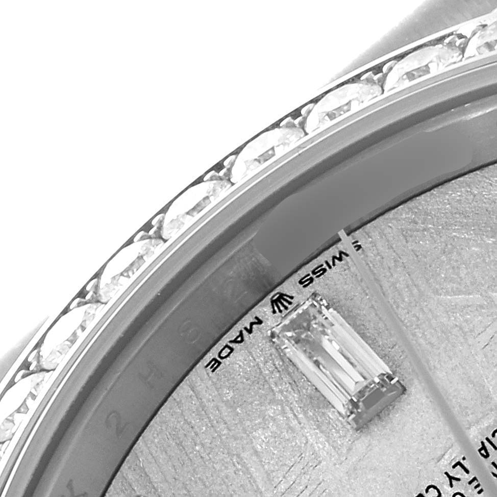 The image shows a close-up view of the dial and diamond-encrusted bezel of a Rolex President 228349 Men's White Gold Silver Dial 228349 Men's White Gold Silver Dial watch.