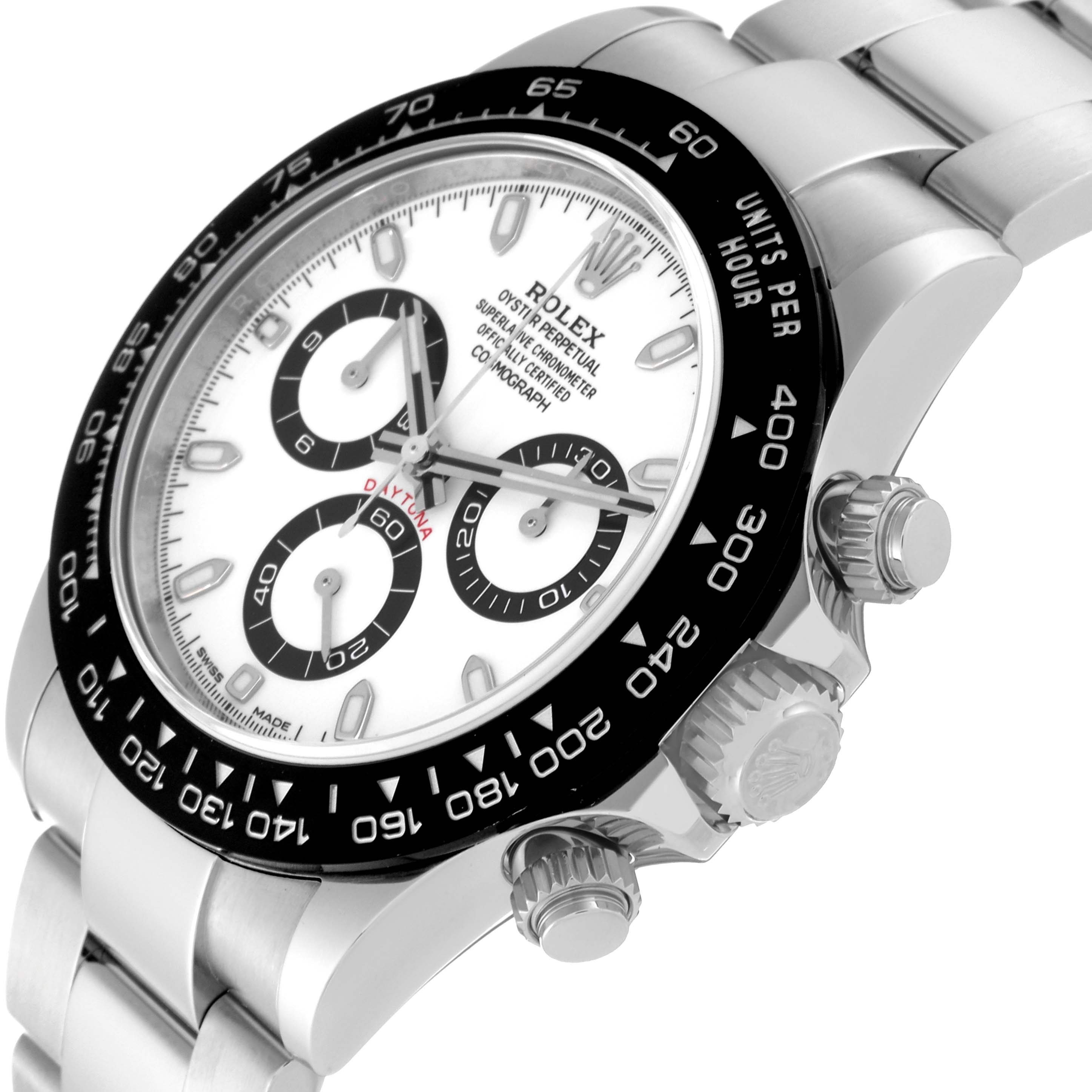 This image shows a close-up, angled view of the dial, bezel, and crown of a Rolex Daytona 116500 Men's Stainless Steel White Dial 116500 Men's Stainless Steel White Dial watch.