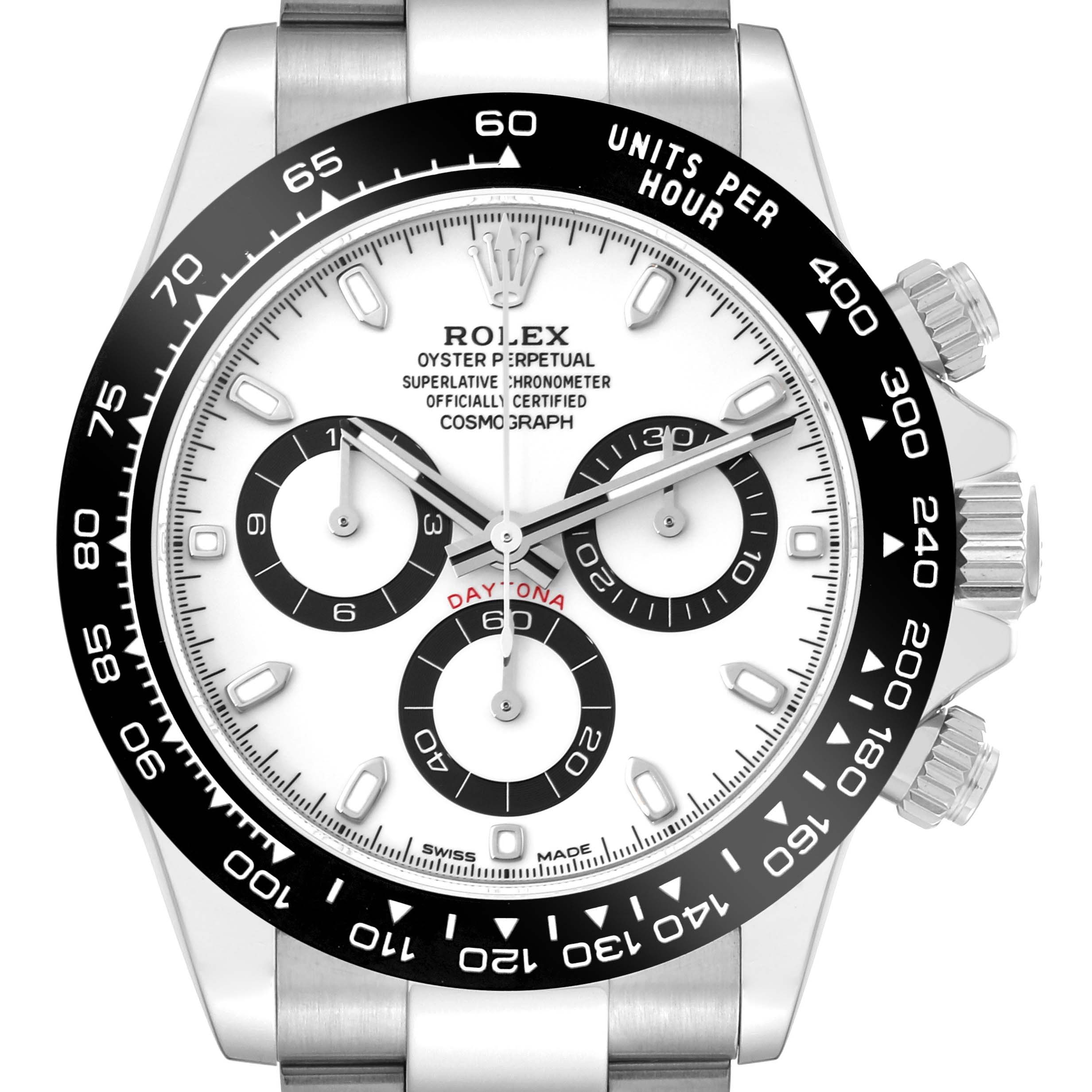 This image shows the front view of the Rolex Daytona 116500 Men's Stainless Steel White Dial 116500 Men's Stainless Steel White Dial watch, displaying the dial, sub-dials, bezel, and crown.