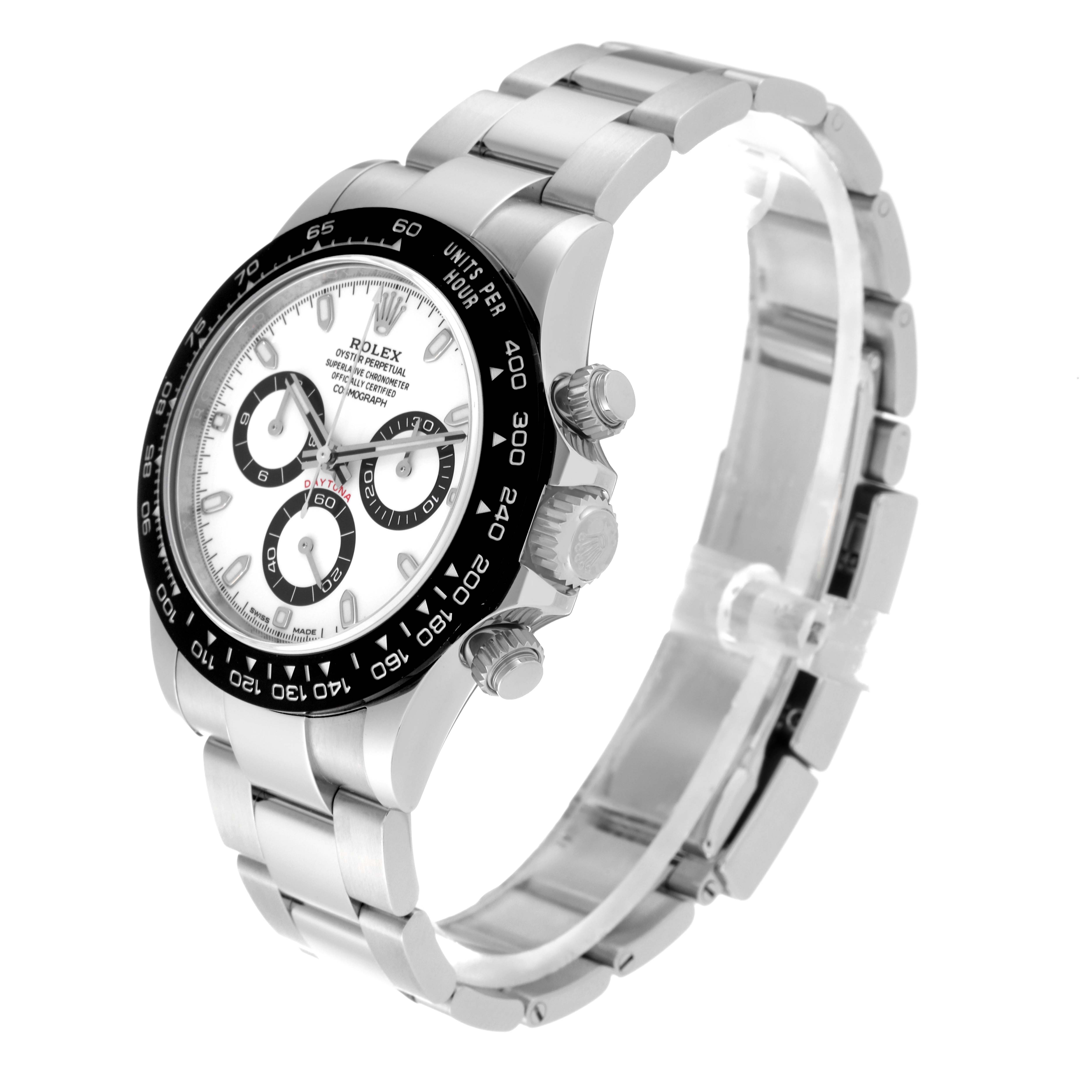 The Rolex Daytona 116500 Men's Stainless Steel White Dial 116500 Men's Stainless Steel White Dial watch is shown at a slight angle showcasing its face, bezel, crown, and stainless steel bracelet.